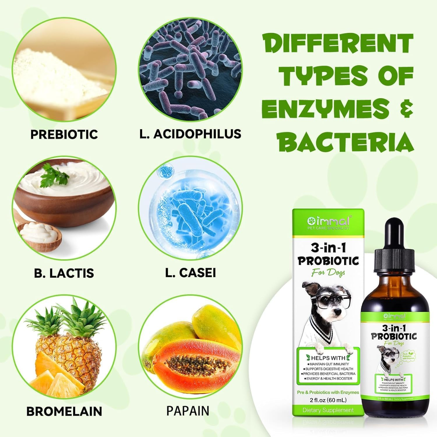 3-In-1 Probiotics for Dogs with Digestive Enzymes & Prebiotics &ndash; Supports Gut Health, Immunity, Diarrhea Relief & Allergies &ndash; Liquid Drops (60Ml) for Puppies & Adults &ndash; Bacon Flavor