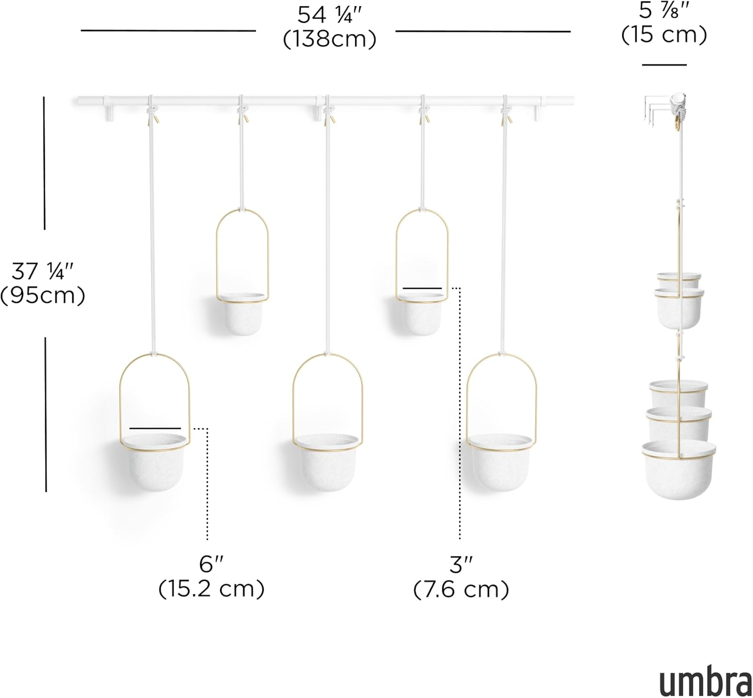 Umbra Triflora Hanging Planter 5-Pieces, Large, White/Brass image number 4