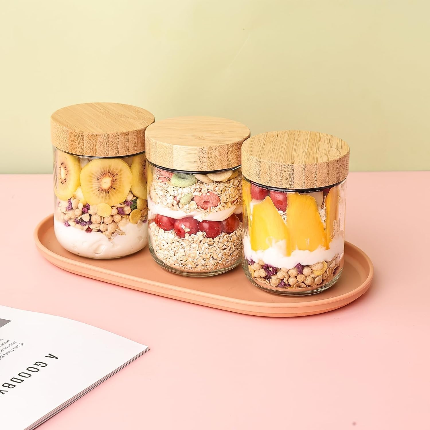 6PCS 16Oz Overnight Oats Containers with Bamboo Lids, Glass Jars with Airtight Lids, Wide Mouth Mason Salad Jars, Glass Food Storage Containers for Spice Sugar Snacks Yogurt image number 5