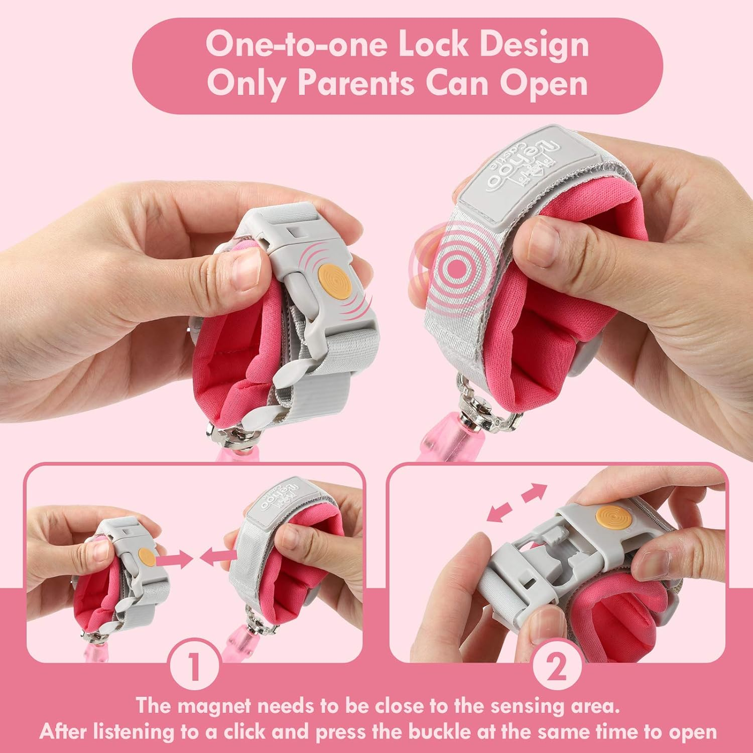 Lehoo Castle anti Lost Wrist Link Safety Harness, 1.5M Toddler Harness Leash for Kids, Adjustable Walking Strap, 360&deg; Rotation Baby Safety Harness with Induction Lock (Pink) image number 4