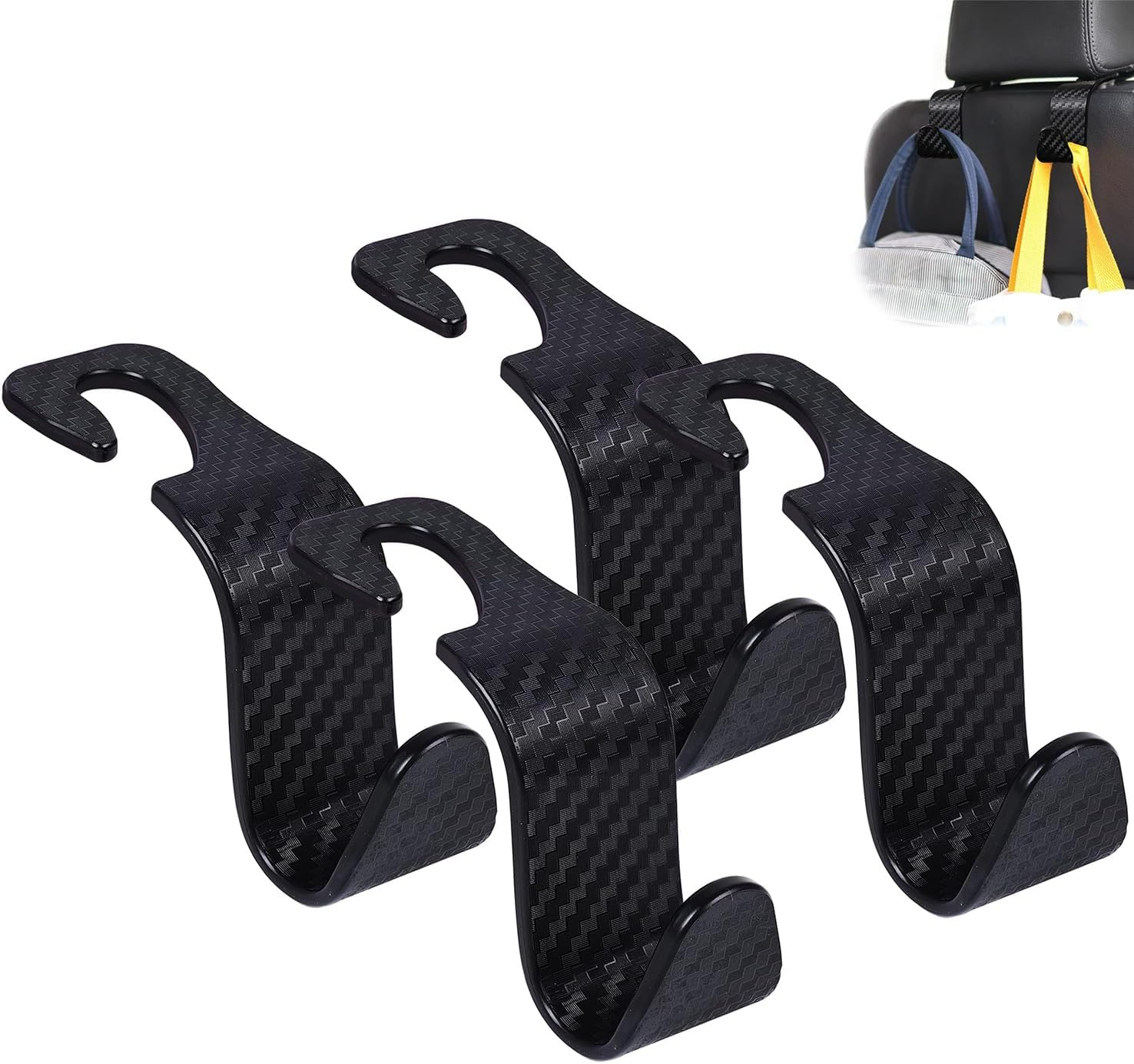 Heatunk 4-Pack Carbon Fiber Back Seat Headrest Hooks - Stylish Car Hangers for Handbags, Clothes, Grocery Bags - Sleek Black Design image number 3