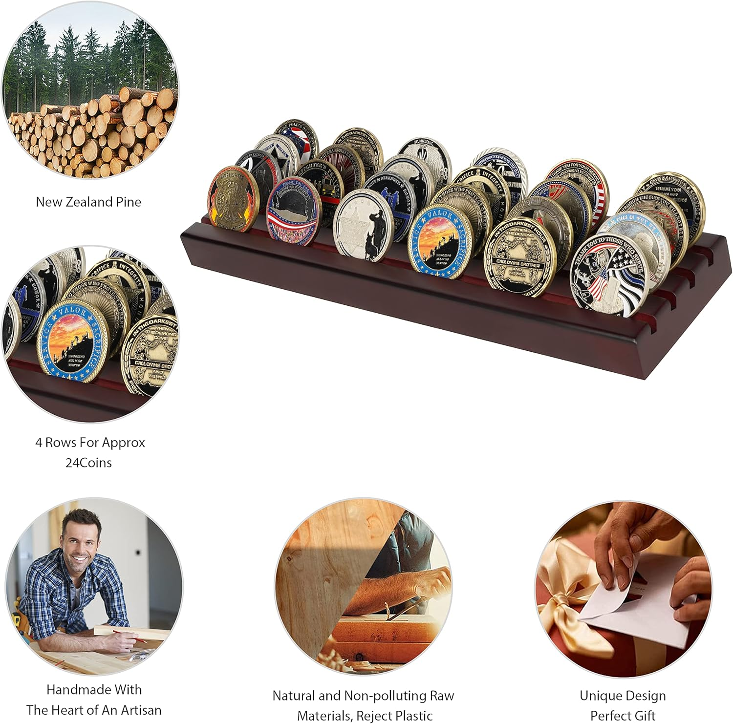 Challenge Coin Display Stand 4 Rows Wooden Military Coin Holder Rack Case Holds 30 Coins, Mahogany Finish image number 1