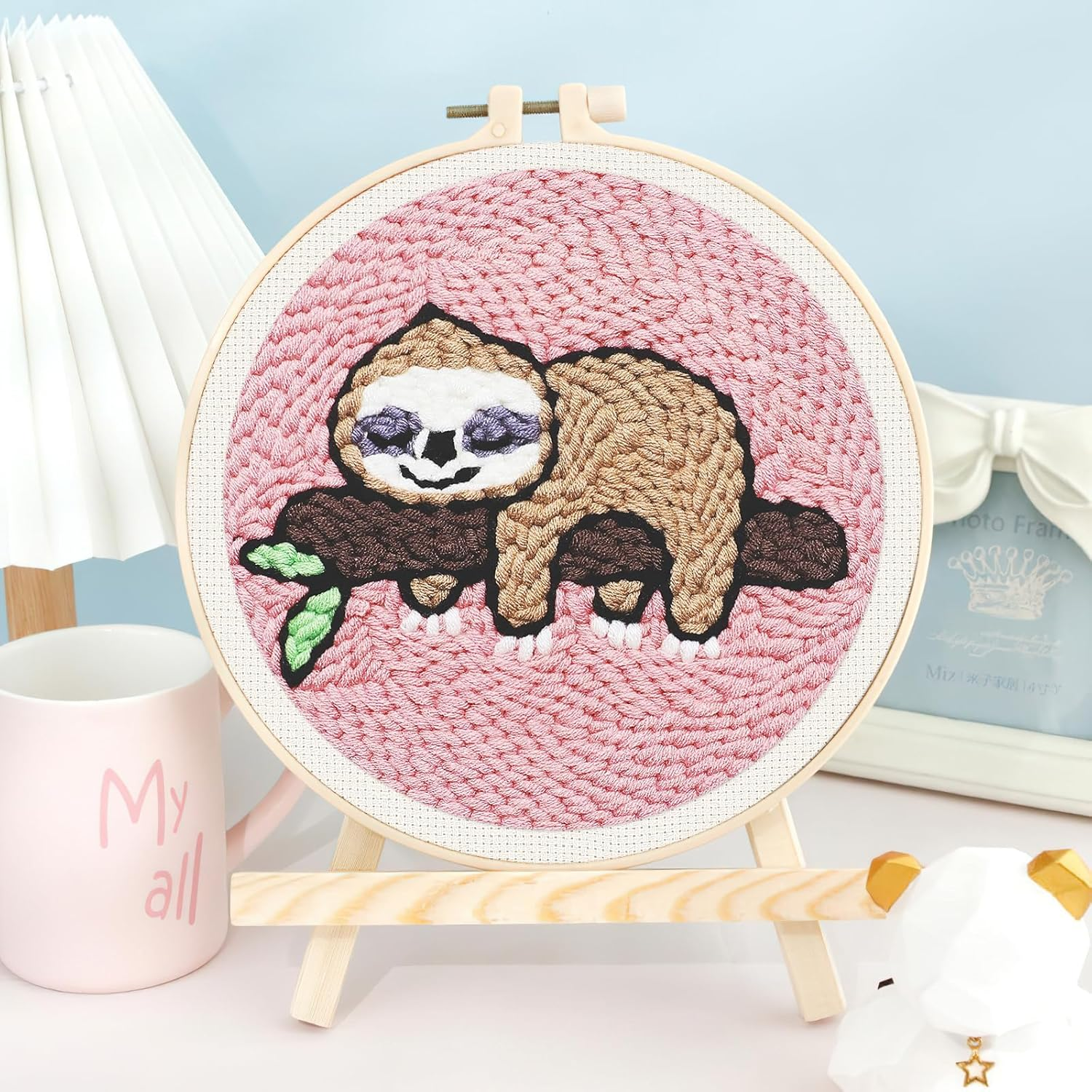 Punch Needle Kit for Beginners Starter Sloth Pattern Handcraft DIY Embroidery Craft with Instructions Hoop for Adults and Kids Festival Gift and Decoration