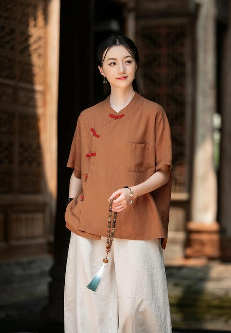 Linen Blouse Women'S Chinese Style Shirt Vintage Boho Zen Tops - Purple image number 2