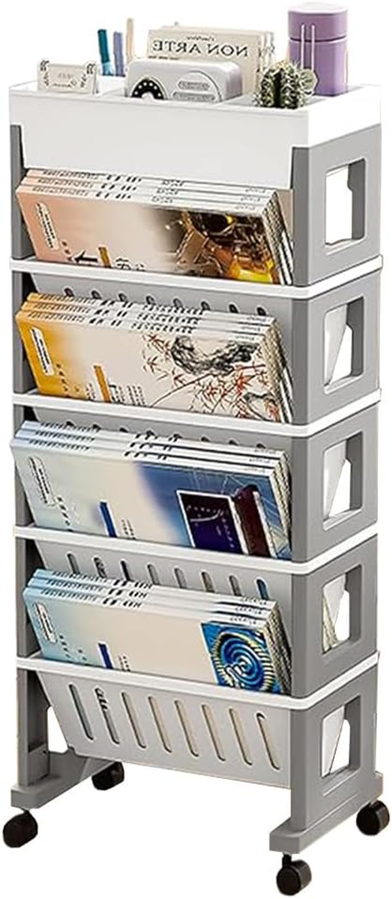 5-Layer Mobile Bookshelf with Wheels, Removable File Folder Organizer Cart, Multifunctional Rolling Practical Storage Cart for Study Room, Classroom, Office, Dormitory School (White Gray) image number 3