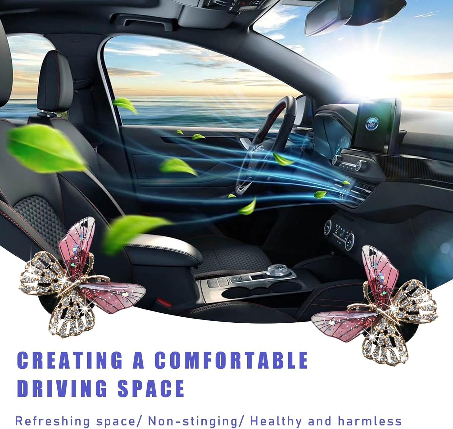 2PCS Bling Butterfly Air Vent Clips, Cute Crystal Car Air Fresheners Vent Clips, Rhinestone Diamond Auto Diffuser Vent Clip for Women Girls, Car Interior Decor Accessories (Rose Red)