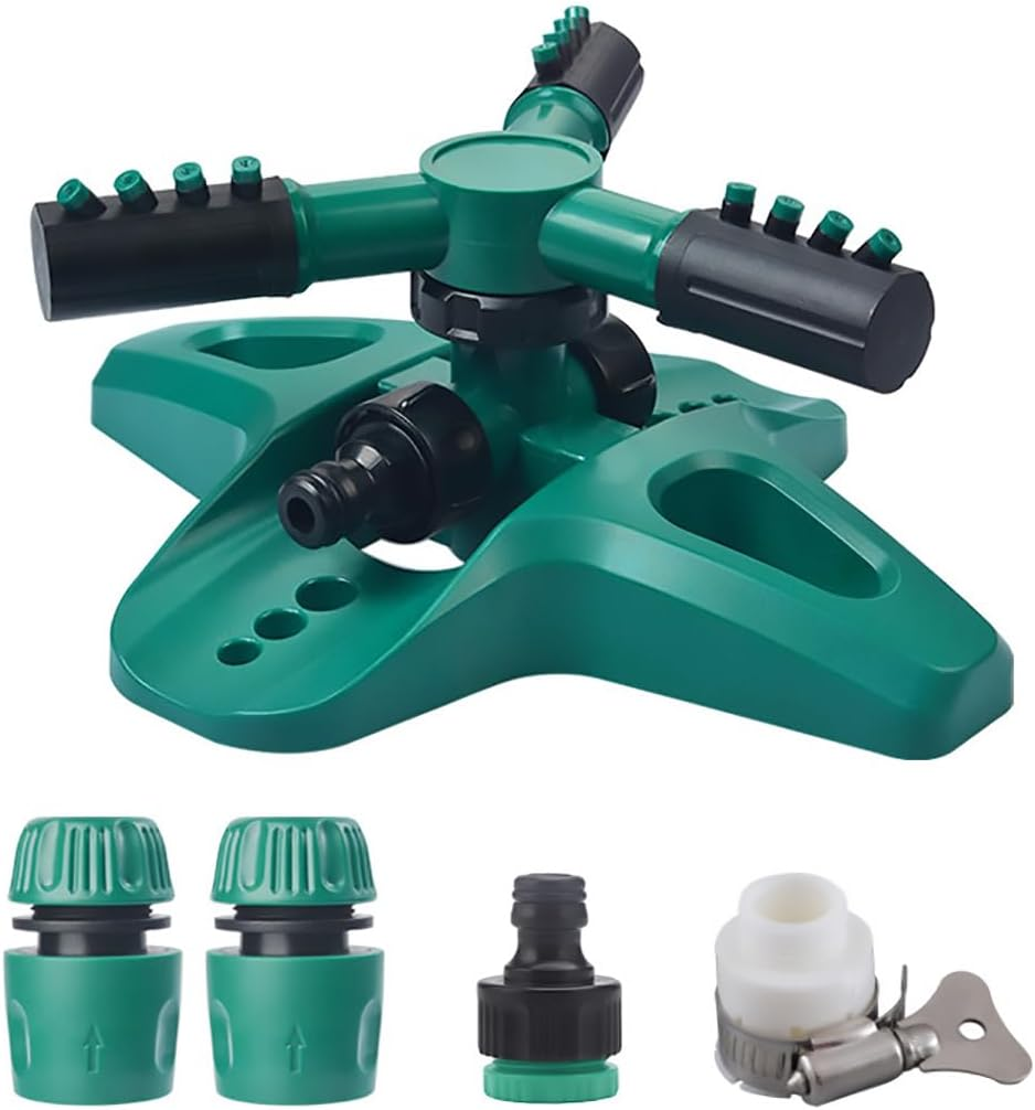 AIMALL 360 Degree Rotating Garden Sprinkler with 3-Arm Nozzle Adjustable Angle Water Cooling Lawn Irrigation System Includes 4-Way Hose Connectors 9.83X8.19X3.93In image number 2