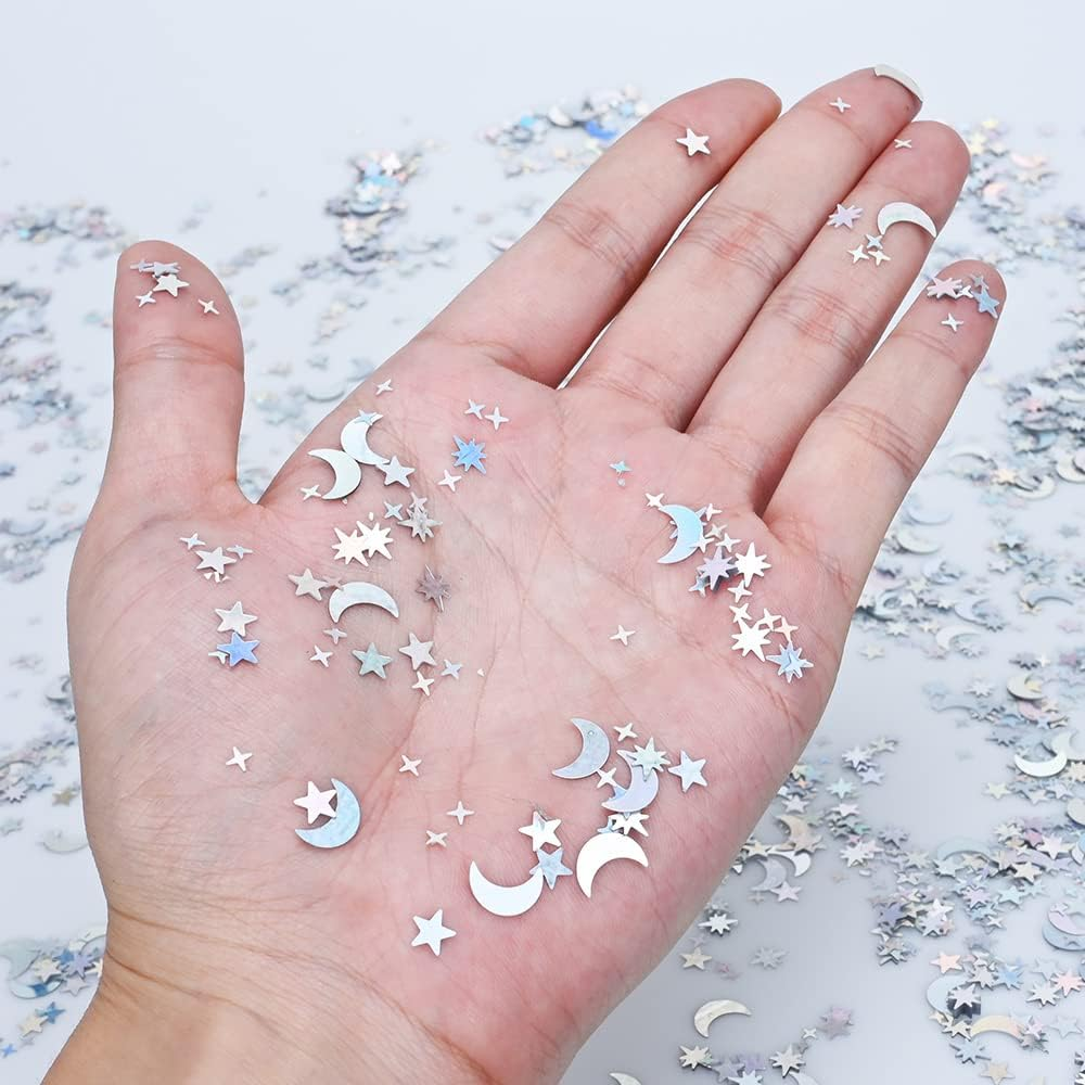 30G Star Confetti Silver Star and Moon Table Confetti, Metallic Glitter Foil Sprinkles Confetti, Sequins Star Moon Confetti for Birthday Wedding Party Halloween Christmas DIY Decoration - Silver image number 3