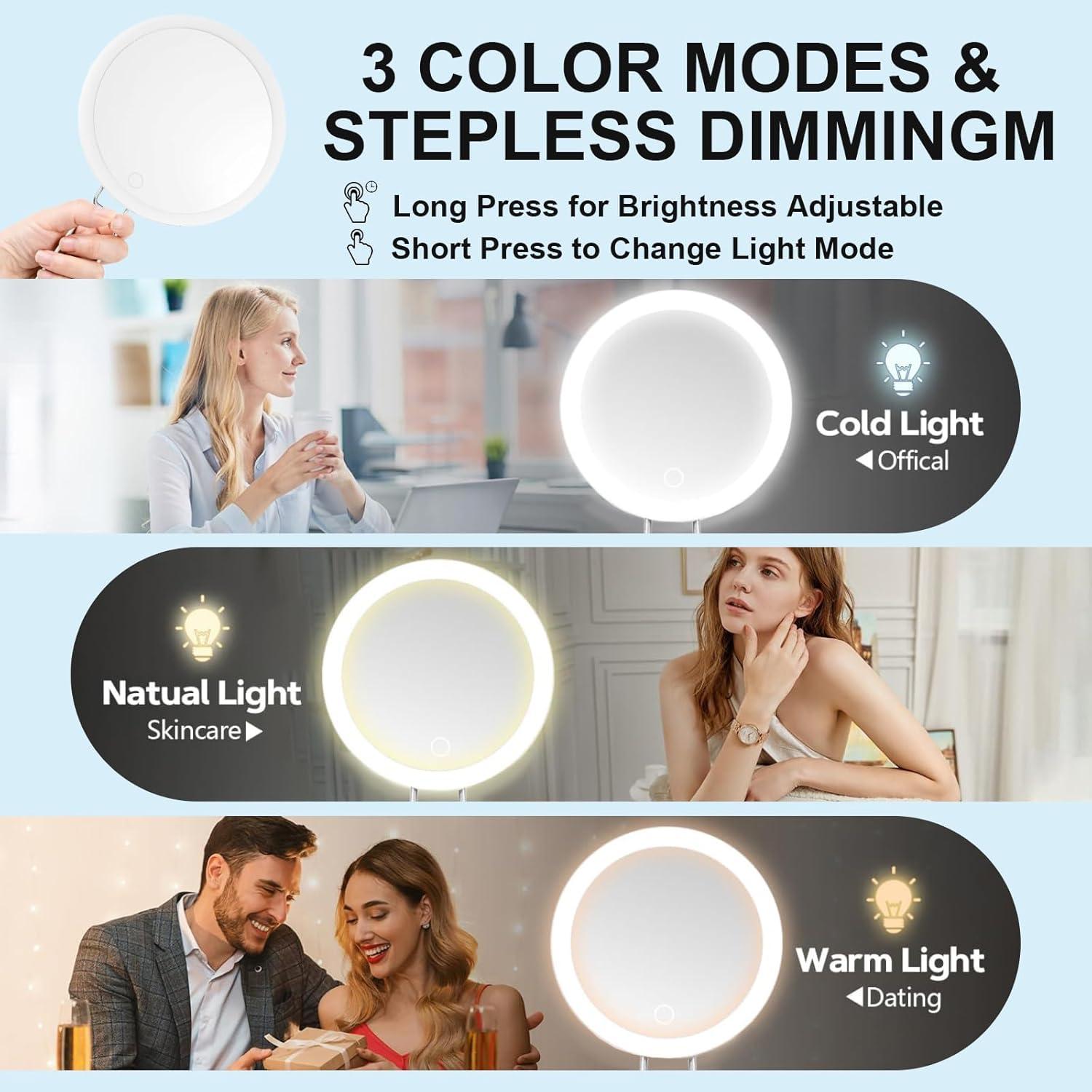 Portable 20X Magnifying Makeup Mirror with Light, USB Rechargeable, 6In/15Cm, 360&deg; Rotation, Adjustable Stand, 3 Suction Cups, Slant Tweezers & Scissors, Vanity Mirror for Precise Grooming image number 5