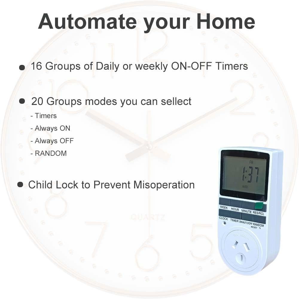 Indoor Digital Electrical Outlet Timer Plug with Countdown Delay On/Off Switch, 7-Day 24 Hour Programmable