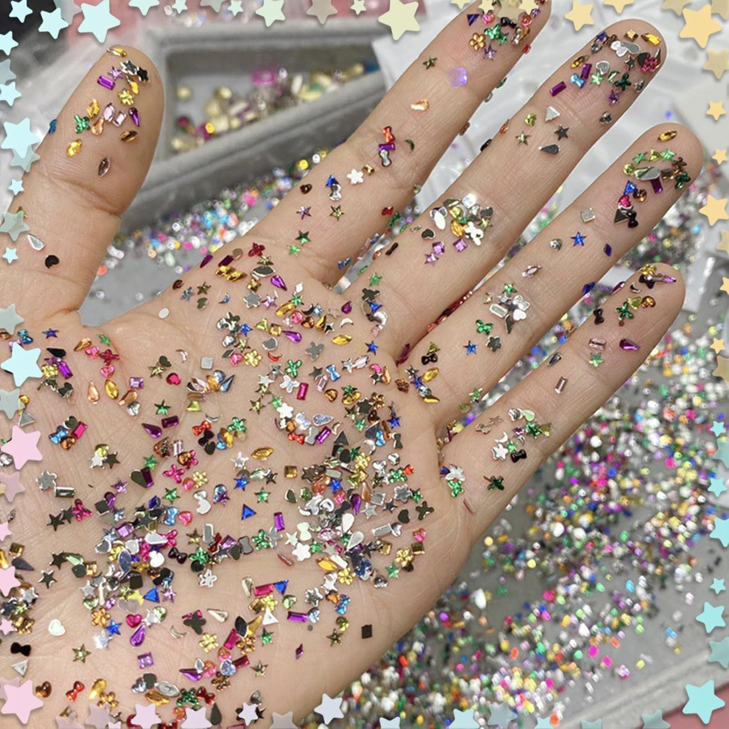 Lunarcharm 2000 Pieces Colorful Rhinestone Nail Art Pendants with Tweezers Multiple Shapes Crystals Flat Back Nail Gems 3D Mini Heart Star Nail Diamonds image number 3