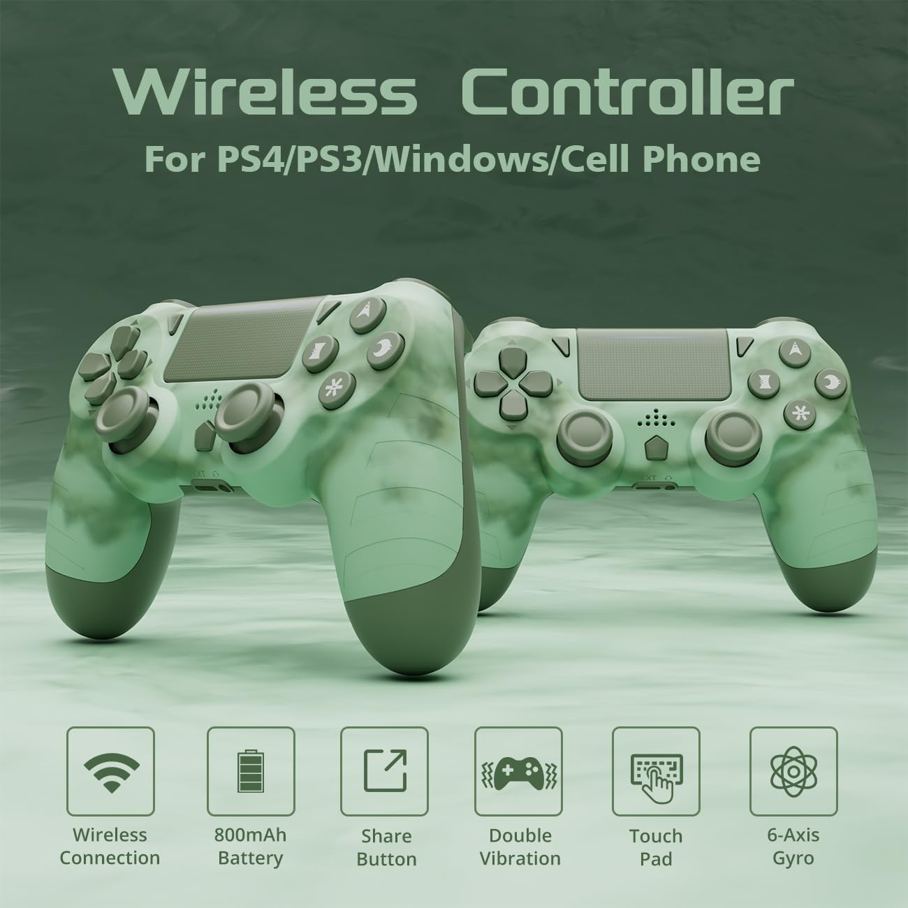 Wireless Controller for PS4, Gamepad for Playstation 4 with Double Vibration/6-Axis Sensor/Type-C Charging Port/Headphone Jack, Ergonomic Non-Slip Grip Compatible with Playstation 4/Slim/Pro (Green) image number 6