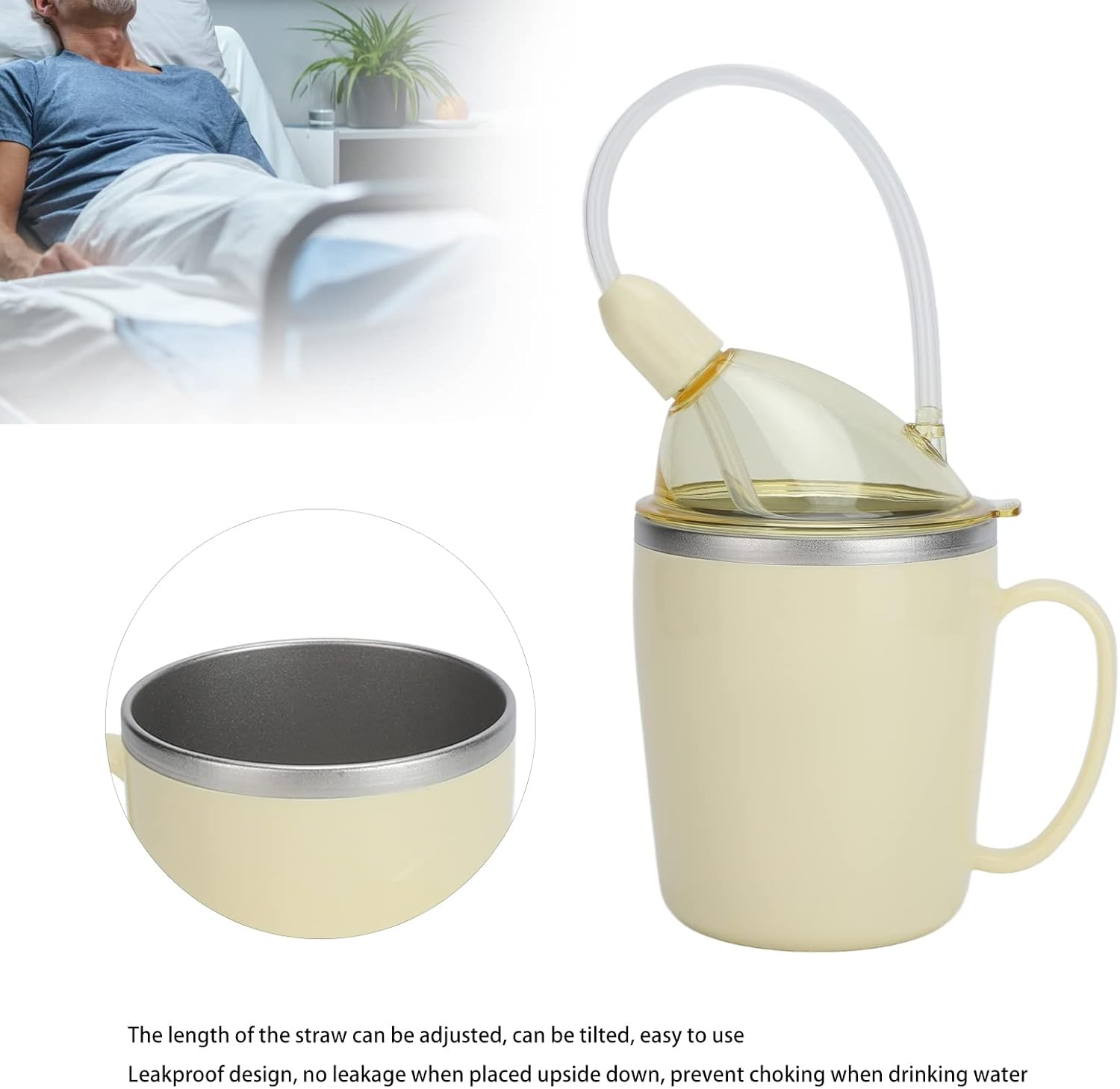 Convalescent Feeding Cup, 350Ml 304 Stainless Steel Adaptive Drinking Cup with Straw, Leakproof Lightweight Bed Sippy Cup Drinking Aids for the Elderly Patient Disabled image number 4