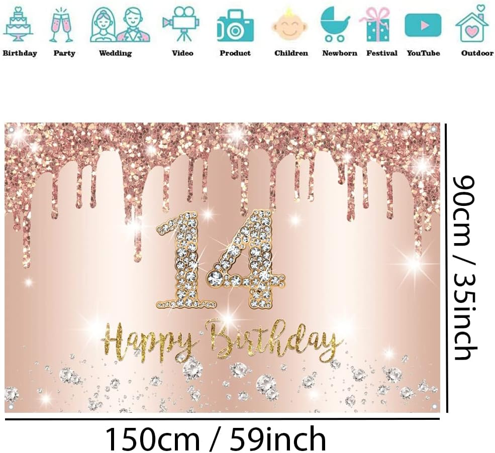 Happy 14Th Birthday Decorations Backdrop Banner for Girls Happy 14 Years Old Party Sign Poster Girl Rosegold Photography Background 14Th Birthday Party Supplies, 59"X35.4" image number 1