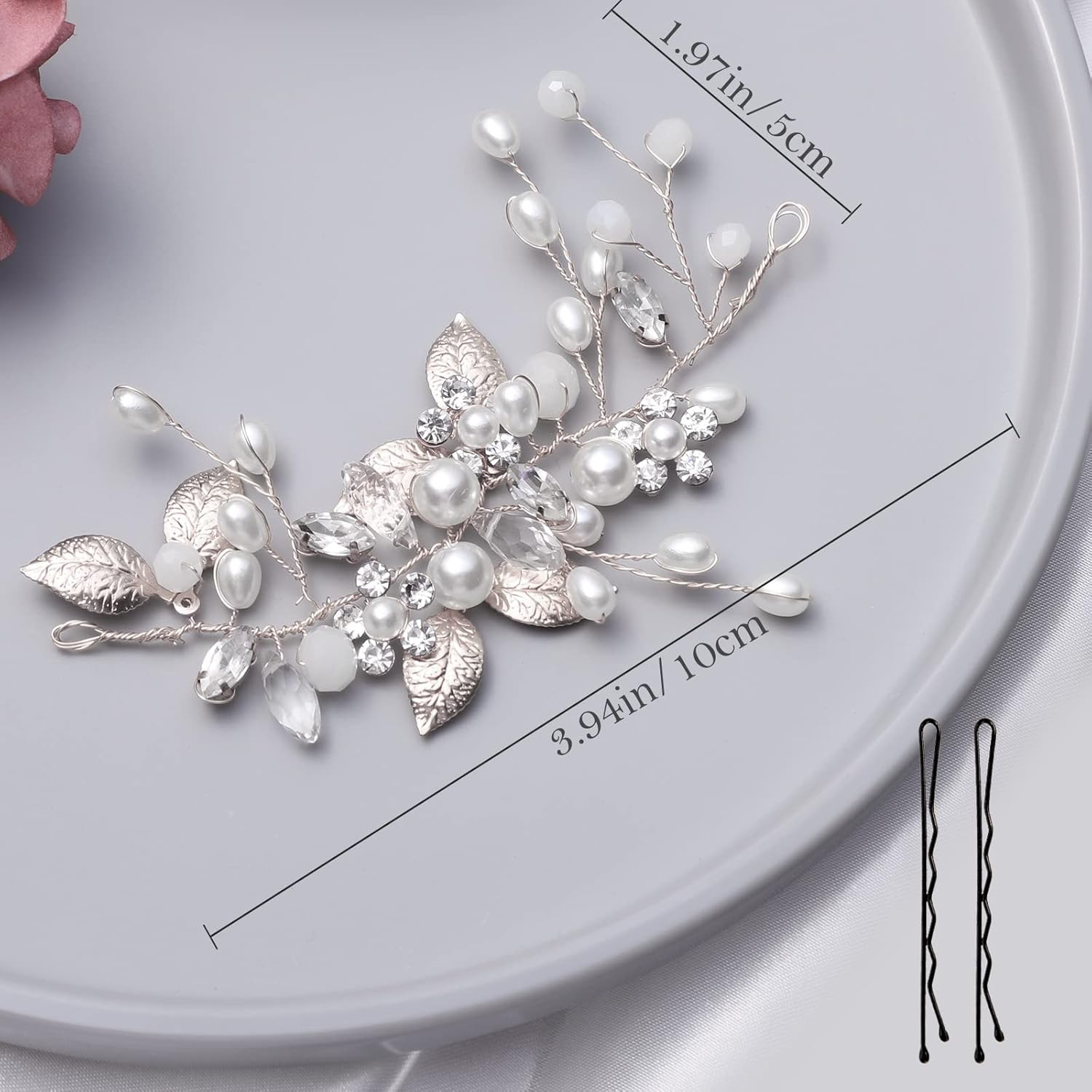 Bridal Jewellery, Etercycle Bridal Headpiece Wedding Hair Clips Crystal Hair Pins Vines Flower Leaf Pearl Hair Accessories for Bride - Silver image number 1