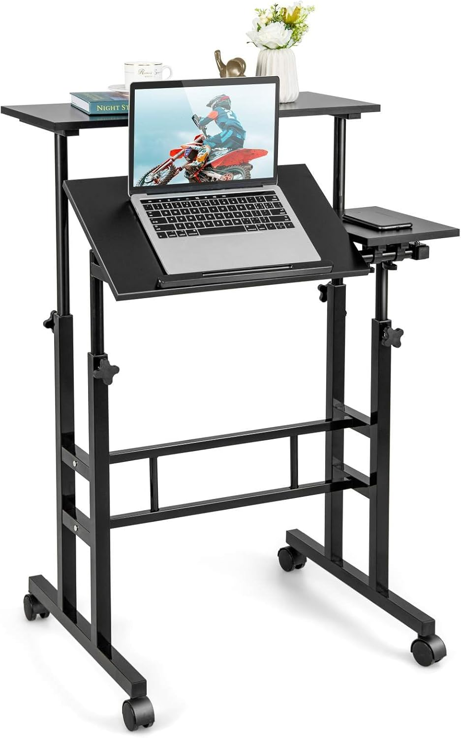 Costway Mobile Standing Desk, Laptop Cart W/Flip-Over Desktop, Portable Stand up Desk, Overbed Table W/Wheels, Computer Desk for Standing or Sitting, Height Adjustable Workstation for Home & Office image number 4