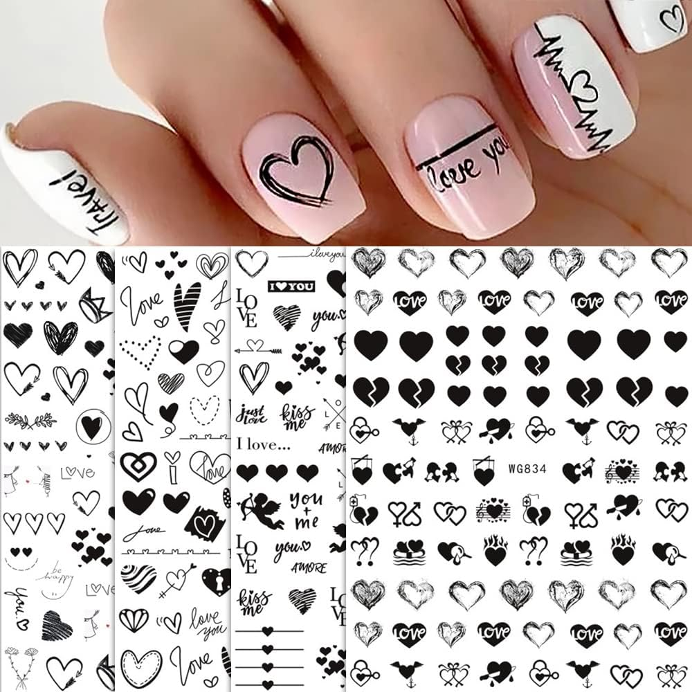 Nail Stickers, Self-Adhesive, Valentine'S Day Nail Sticker, Black Heart Nail Art Sticker, 3D Black Nail Stickers, DIY Manicure Decoration (4 Sheets) image number 2