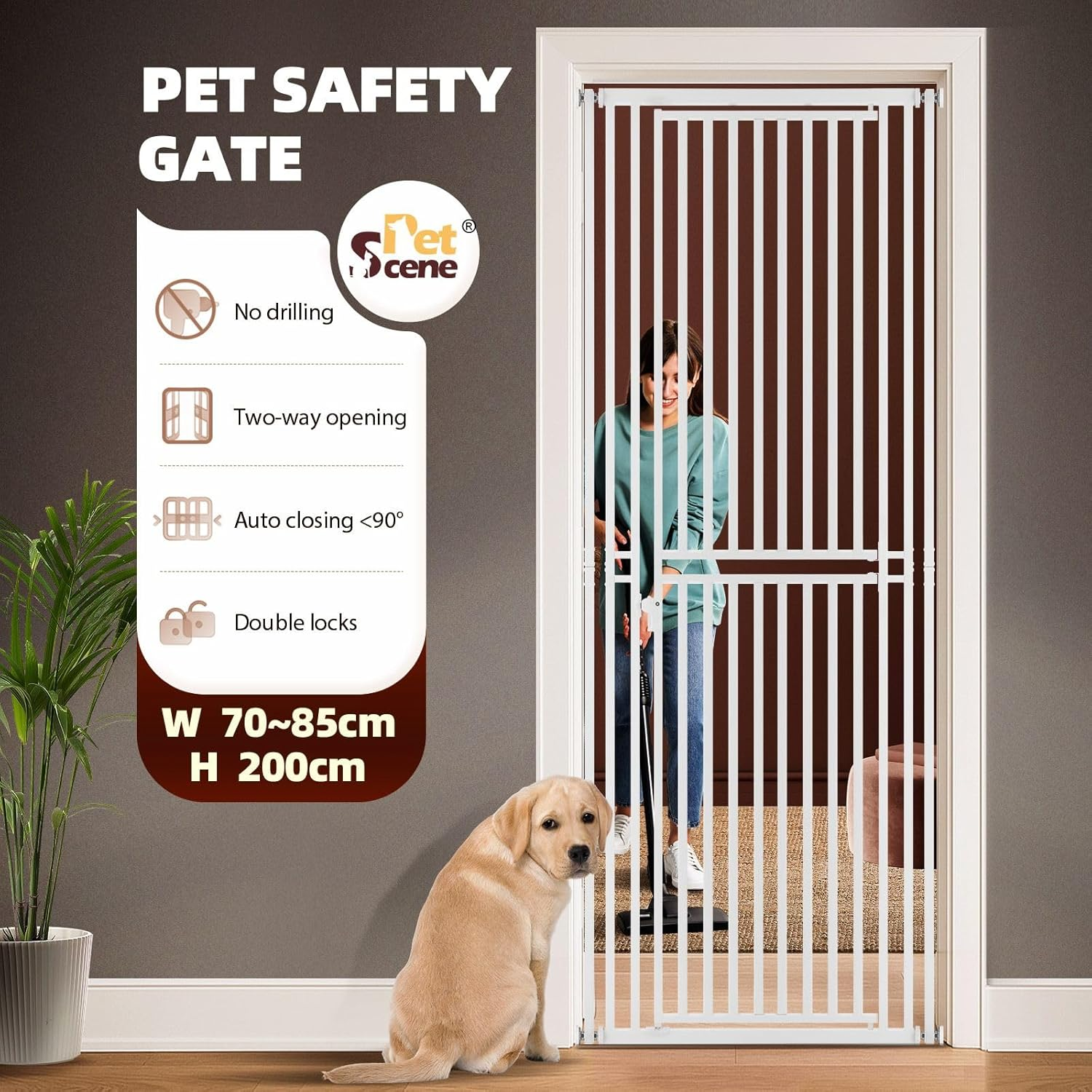 Pet Scene Safety Gate 200Cm Extra Tall Retractable Pet Dog Cat Fence Enclosure Barrier Safe Guard Indoor Security Fencing for Doorway Stairs Kitchen 70-85Cm Extension Adjustable image number 6