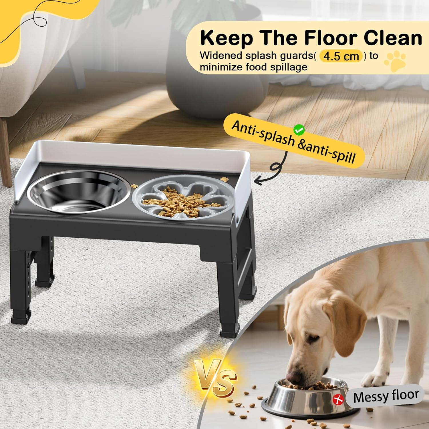 Euqvunn Elevated Dog Bowls with Stand, 6-Level Height Adjustable, 5&deg; Tilt, Splash Guard Design, Raised Dog Bowl with Two 1000Ml Stainless Steel & Slow Feeder Dog Bowl,For Small,Medium & Large Pets image number 2