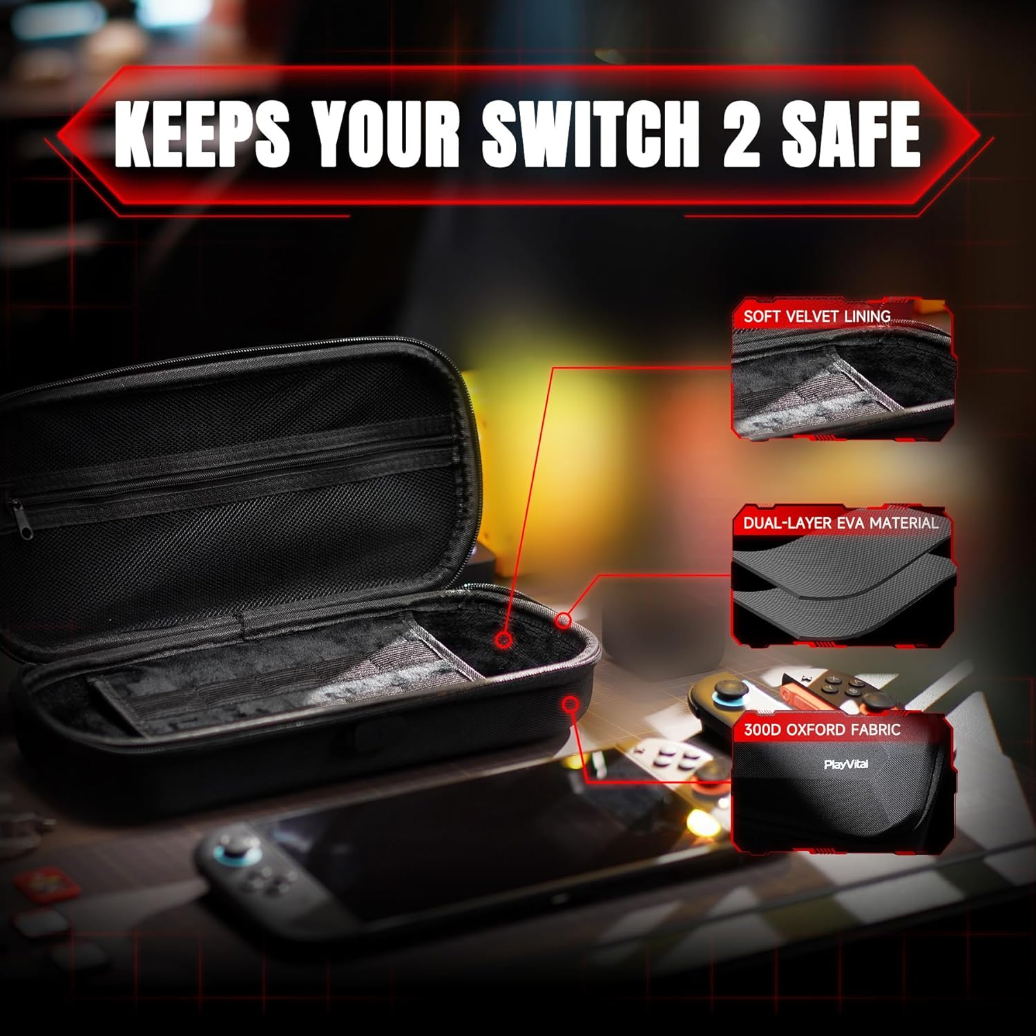 Playvital Carrying Case for Nintendo Switch 2 with Silicone Charging Port, Portable Travel Case with 10 Game Card Slots, Shockproof Protective Hard Shell for Switch 2 Accessories Storage &ndash; Black