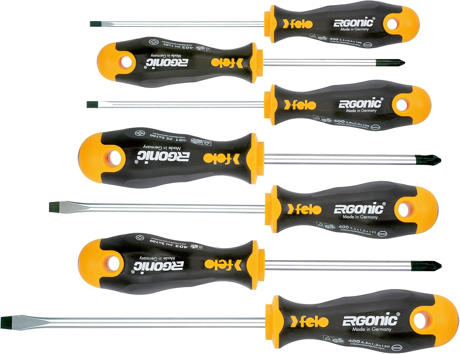 Felo 7-Piece Ergonic Screwdriver Set, Includes Hex and Cross Slot Screwdrivers, Shock-Proof Core, High-Performance, Model 00040097118