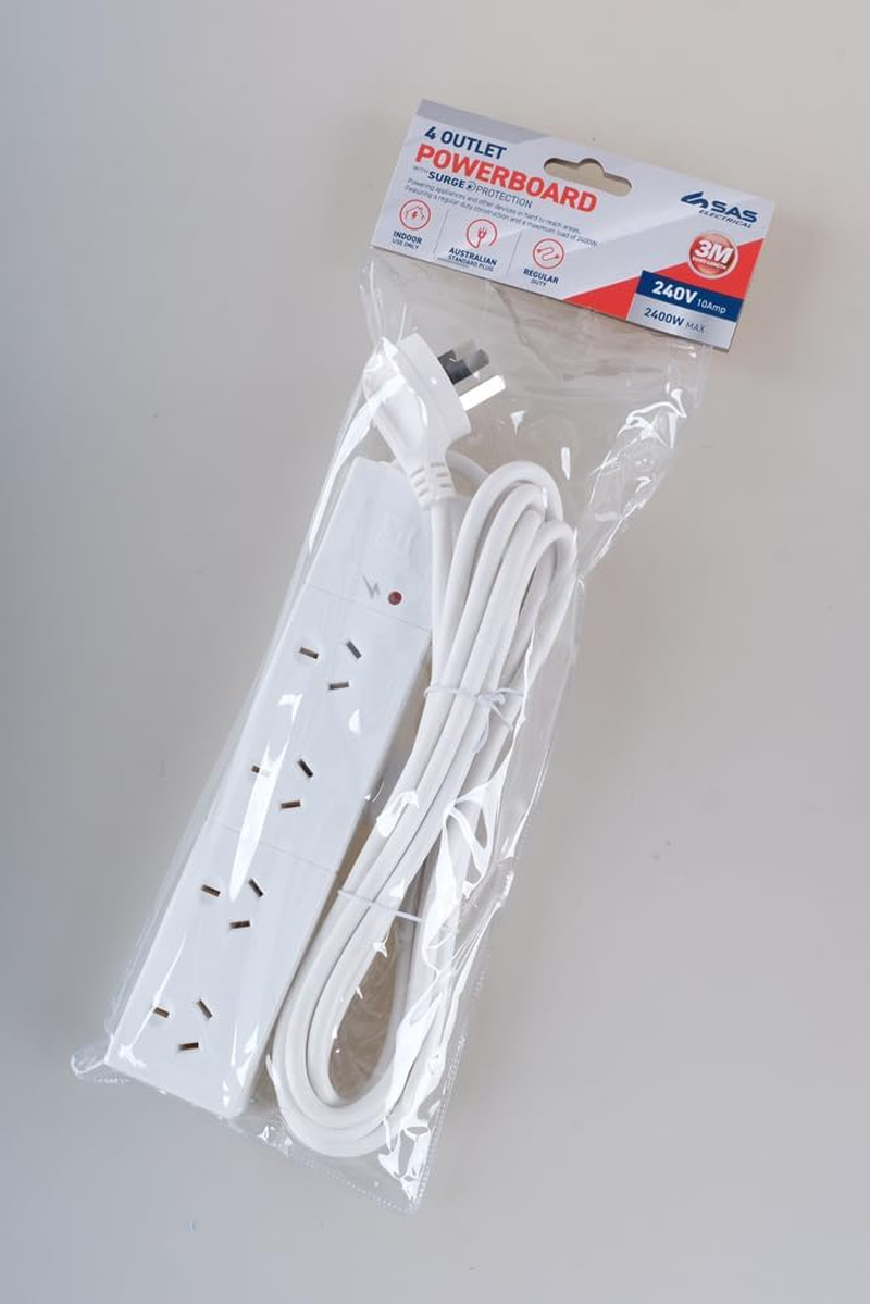 SAS Electrical 240V 10Amp 4 Outlets Power Board with Surge Protection, White, 3 Meter image number 6