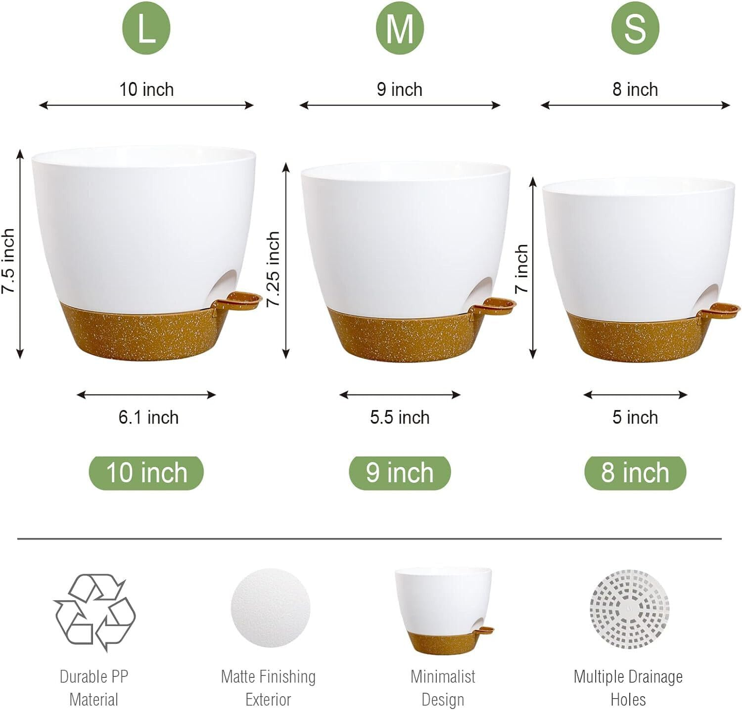 GROZY 9/10/12 Inch 3 Pcs Self Watering Planters Kit Indoor Garden Plants Flower Pots image number 1