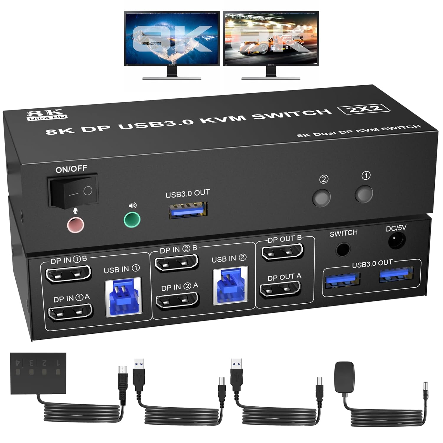 8K USB 3.0 Displayport KVM Switch 2 Monitors 2 Computers 8K@60Hz 4K@144Hz, Dual Monitor Displayport 1.4 KVM Switches with Audio Microphone Output and 3 USB 3.0 Ports, DP Switch for 2 Pcs 2 Monitors image number 4