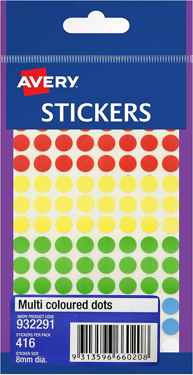Avery Assorted Dot Stickers, Assorted Colours, 8 Mm, 416 Labels (932291) image number 1
