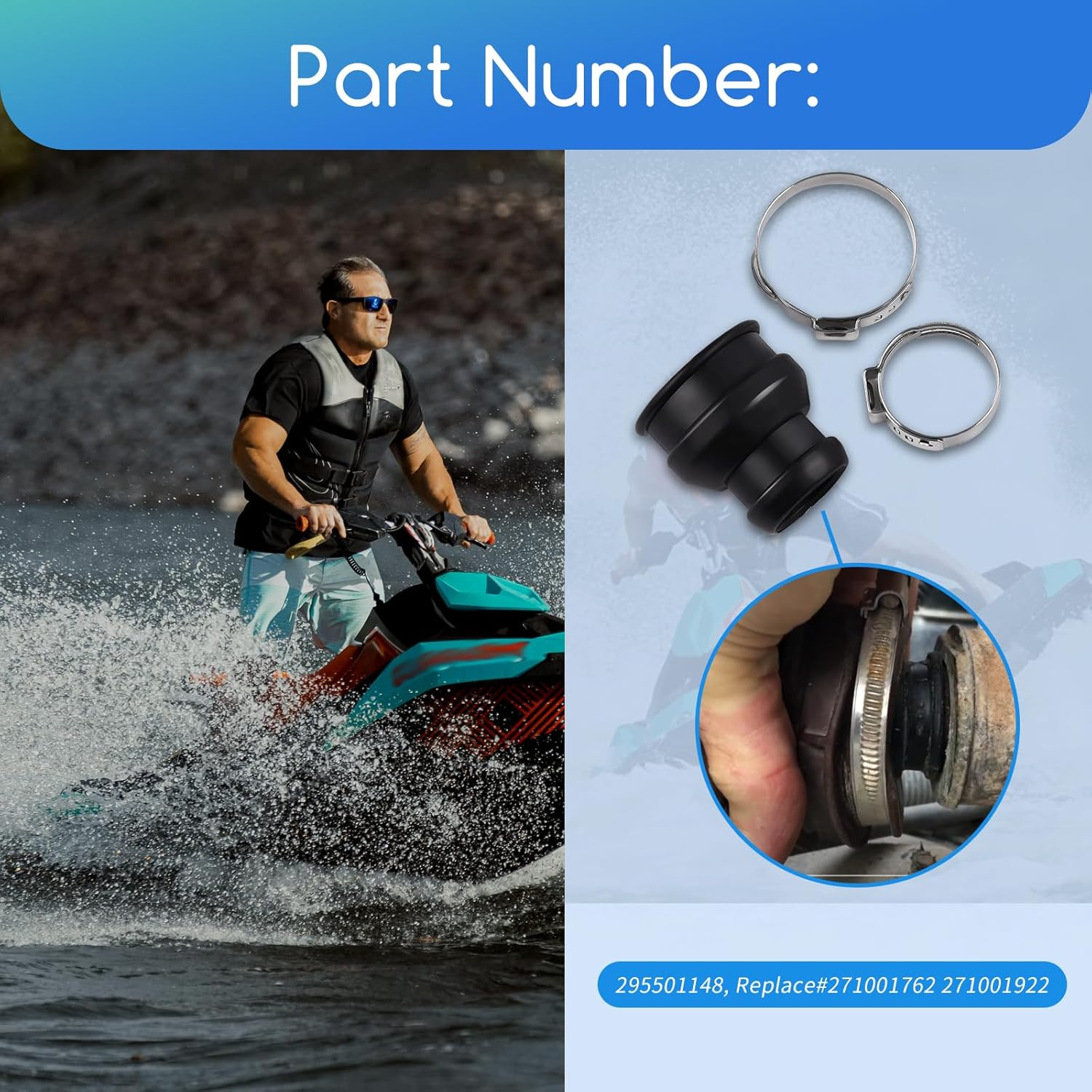 295501148 Drive Shaft Protector Sleeve Rubber Boot Kit & Clamps Compatible with Seadoo 2014 2015 2016 2017 Spark 900 and Spark 900 HO, Replace# 271001762 271001922 image number 3