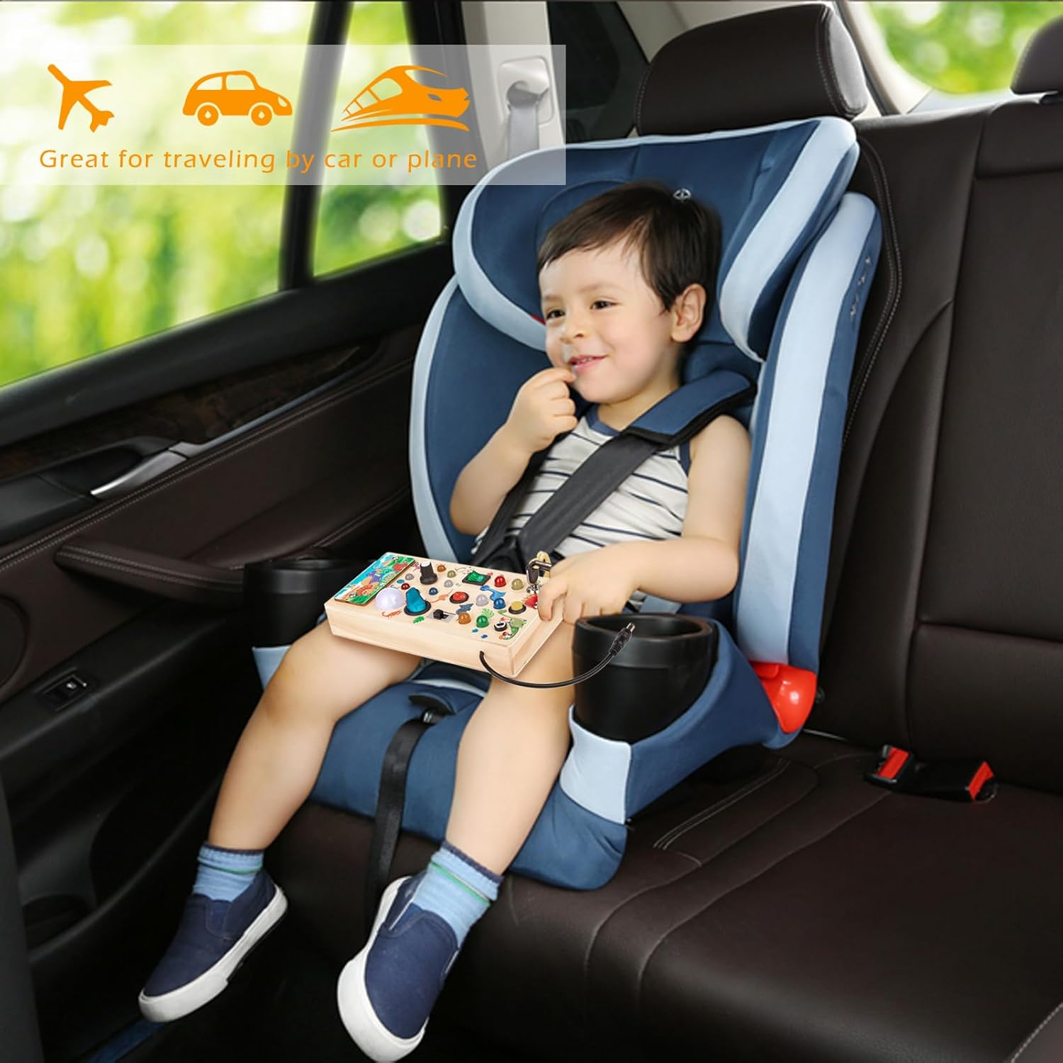 Montessori Toddler Busy Board, Led Dinosaur Wooden Sensory Board Educational Toys Wiht Switch Light Designs, Early Fine Activity Motor Skills Travel Toys for Toddlers Boys and Girls image number 5