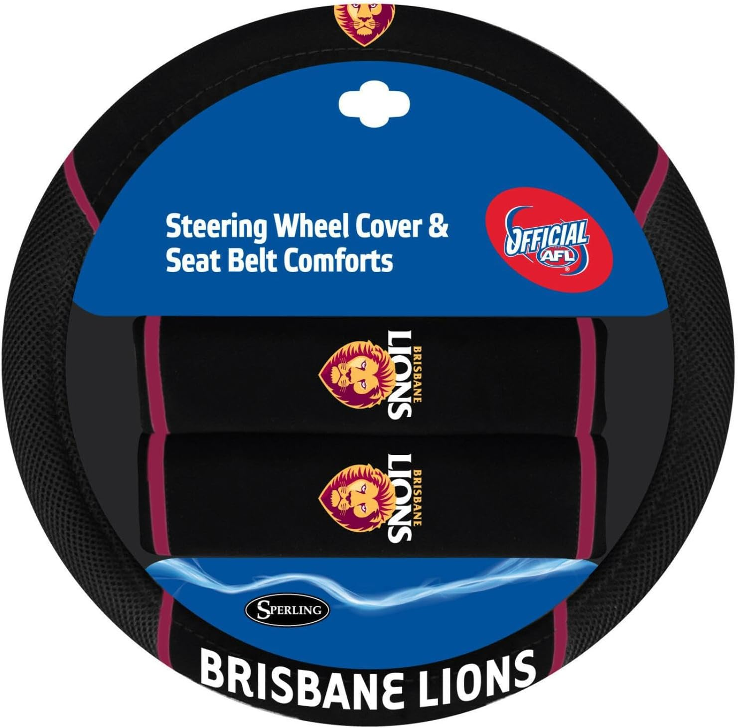 Sperling Brisbane Lions Official AFL Steering Wheel Cover and Seat Belt Cover Set