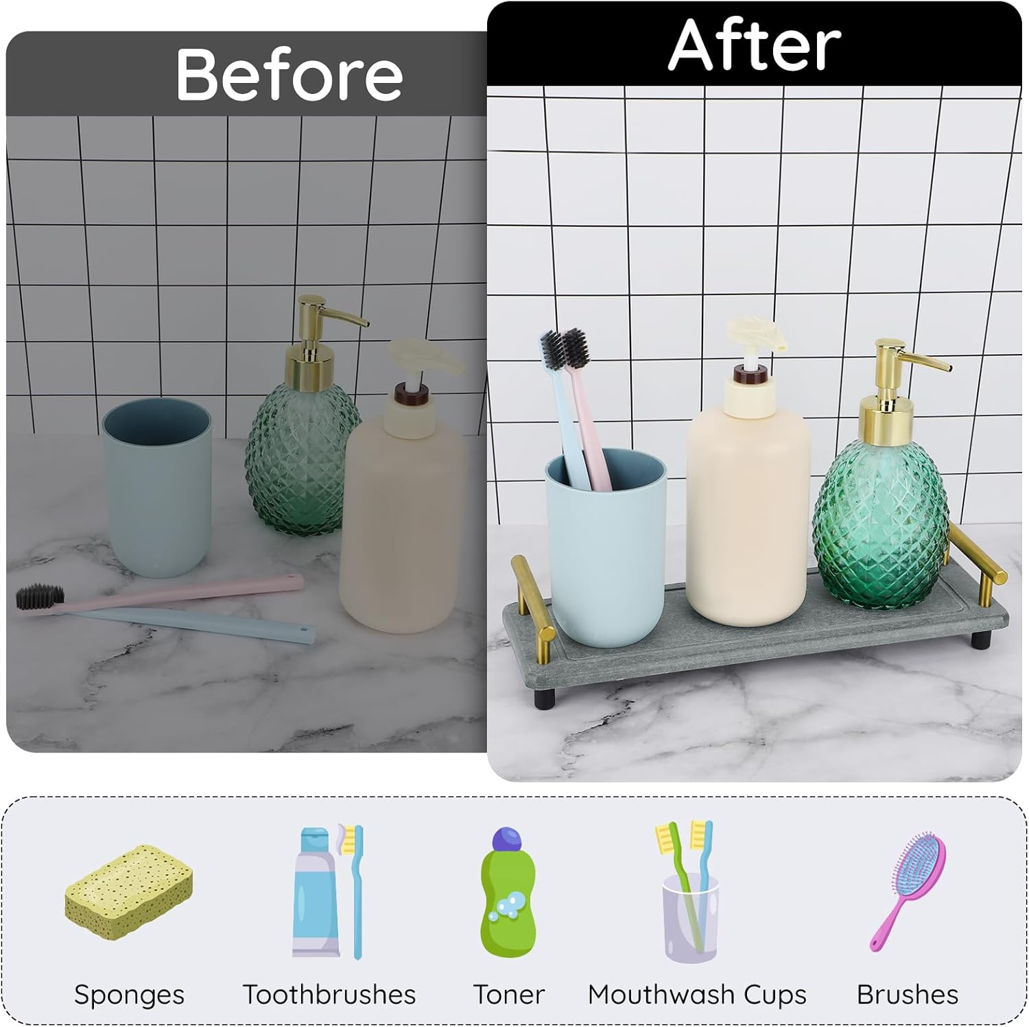 Segbeauty Stone Quick Dry Tray, Countertop Diatomaceous Tray, Instant Dry Sink Organizer, Home Sink Caddy, for Toiletries & Plants, Countertop (With Golden Handle) image number 1