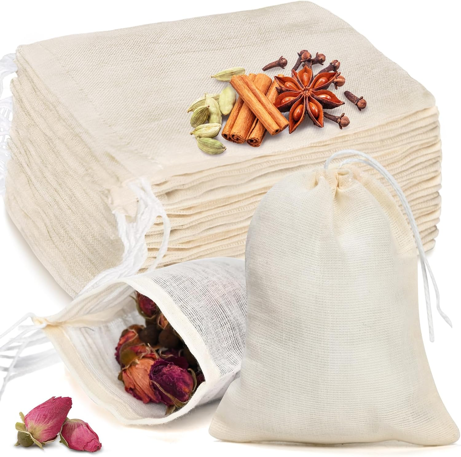 20 Pcs Muslin Bags with Drawstring, Reusable Tea Bags, Spice Bags for Cooking Soup/Herb/Loose Leaf Tea, Natural Cotton Small Cheese Cloth Bag for Straining, Sachet Bags Empty, 4 X 3 Inches image number 4