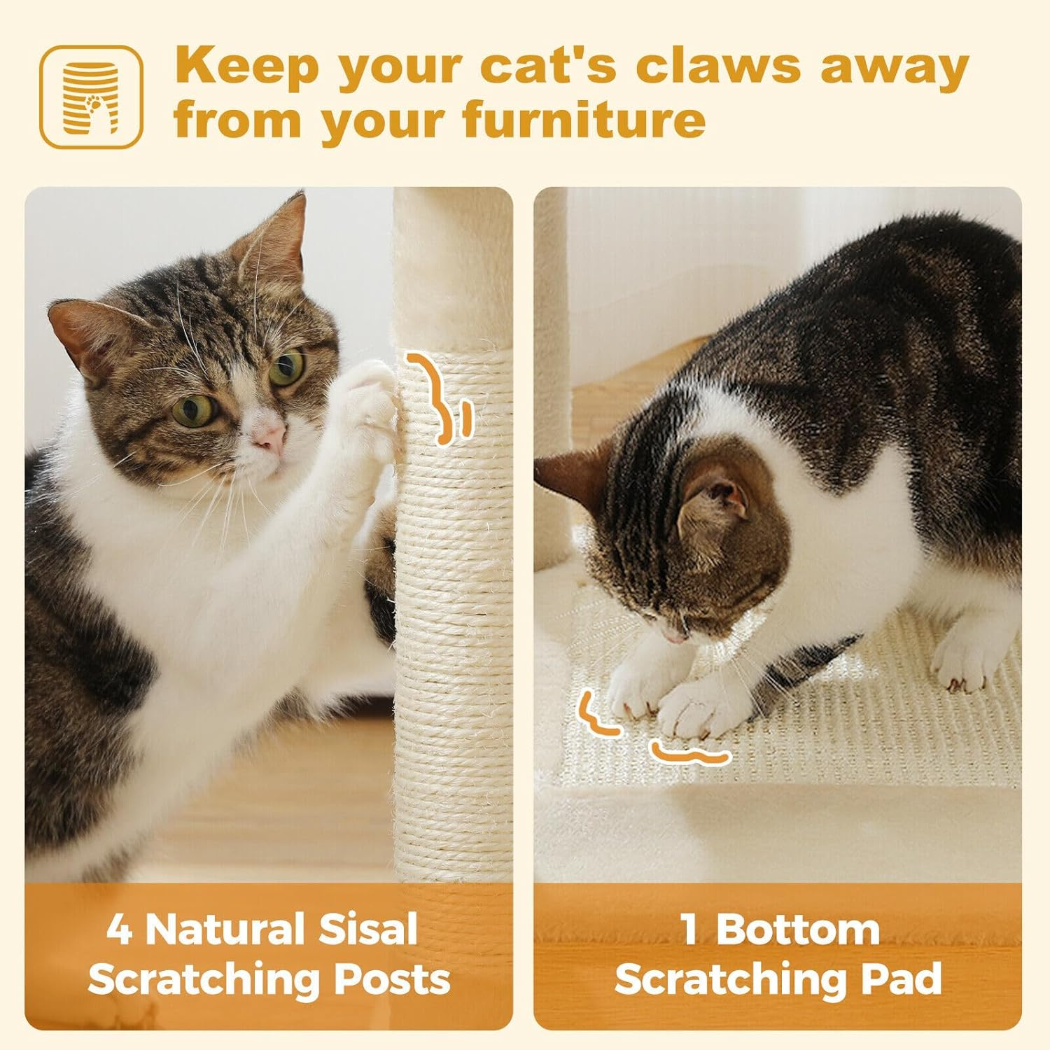 PAWZ Road Cat Tree, 157Cm Cat Tower for Indoor Cats, Multi-Level Cat Furniture with 4 Scratching Posts, 2 Top Perches, 2 Large Condos, Beige image number 3