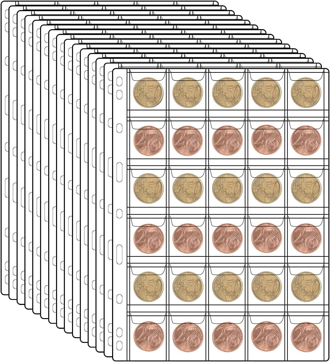 30-Pocket Coin Collection Pages, Coin Collection Supplies Standard 9-Hole Binder Compatible Coin Binder 3.5X3.5Cm Pocket Size Coin and Stamp Collecting Supplies (30Pocket,3.5X3.5Cm,15 Sheet) image number 3