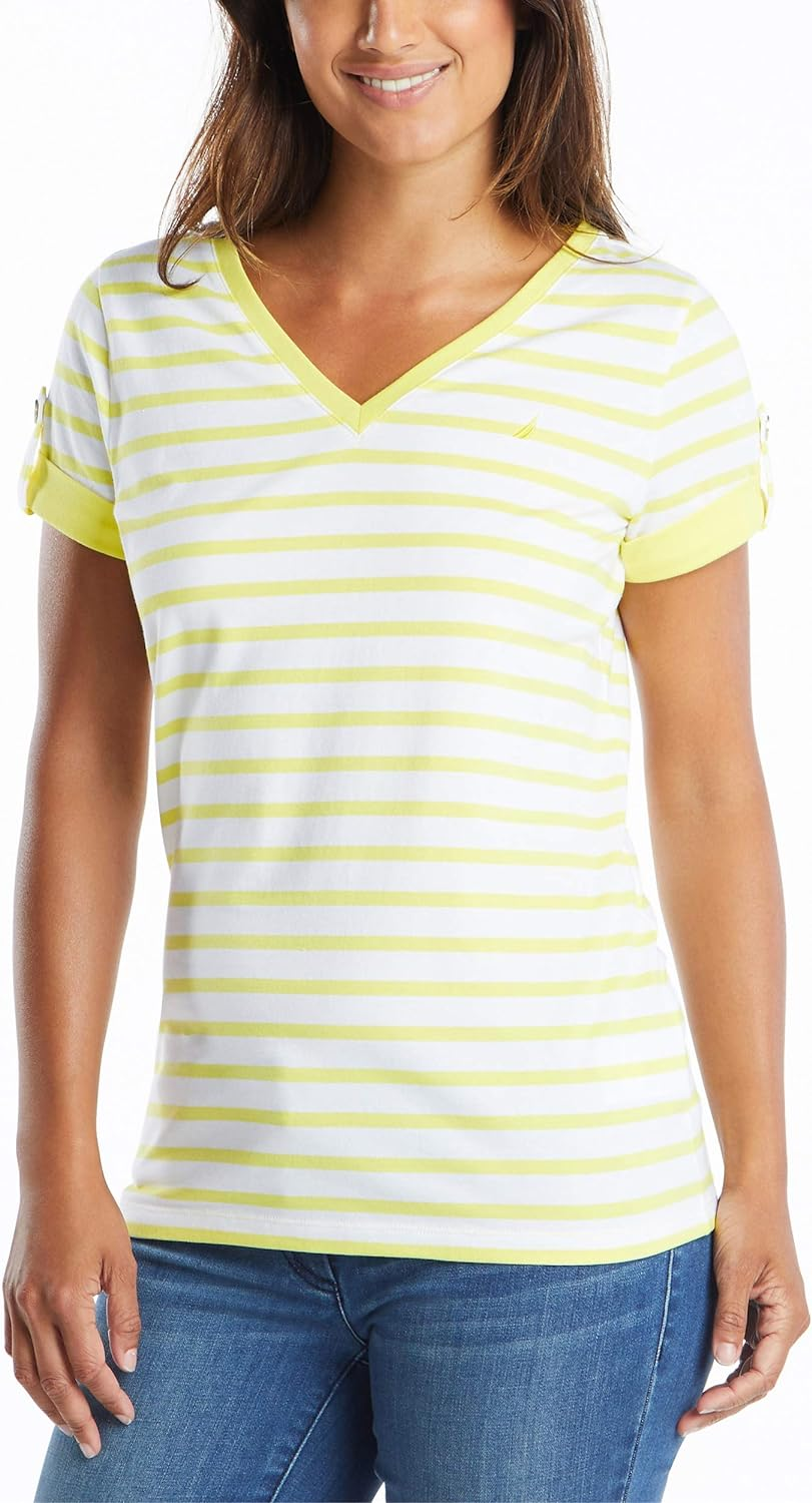 Nautica Women'S Easy Comfort V-Neck Striped Supersoft Stretch Cotton T-Shirt