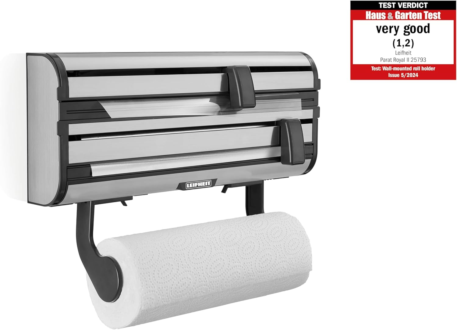 Leifheit Parat Royal 2.0 Wall Holder for 3 Rolls, Kitchen Roll Holder for Smooth Cut Edges, Paper Roll Holder for Handy Films, Foil Cutter with Razor-Sharp Blades Silver 38.5 X 16.2 X 8.5 Cm 25793
