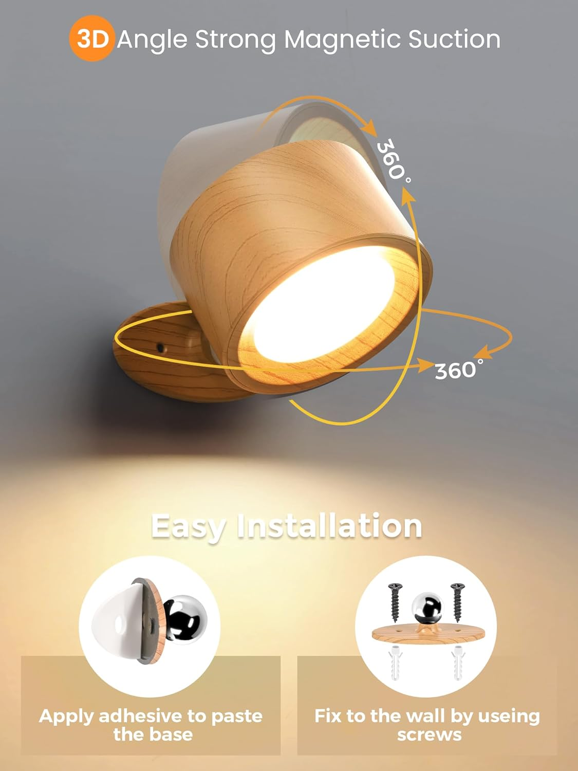 LED Wall Lights Battery Powered Wall Light Rechargeable Lamp, Picture Lights 3 Color Temperatures and Dimmable, 360&deg; Rotation Magnetic Cordless for Bedroom - 2 Pack - Mood image number 2