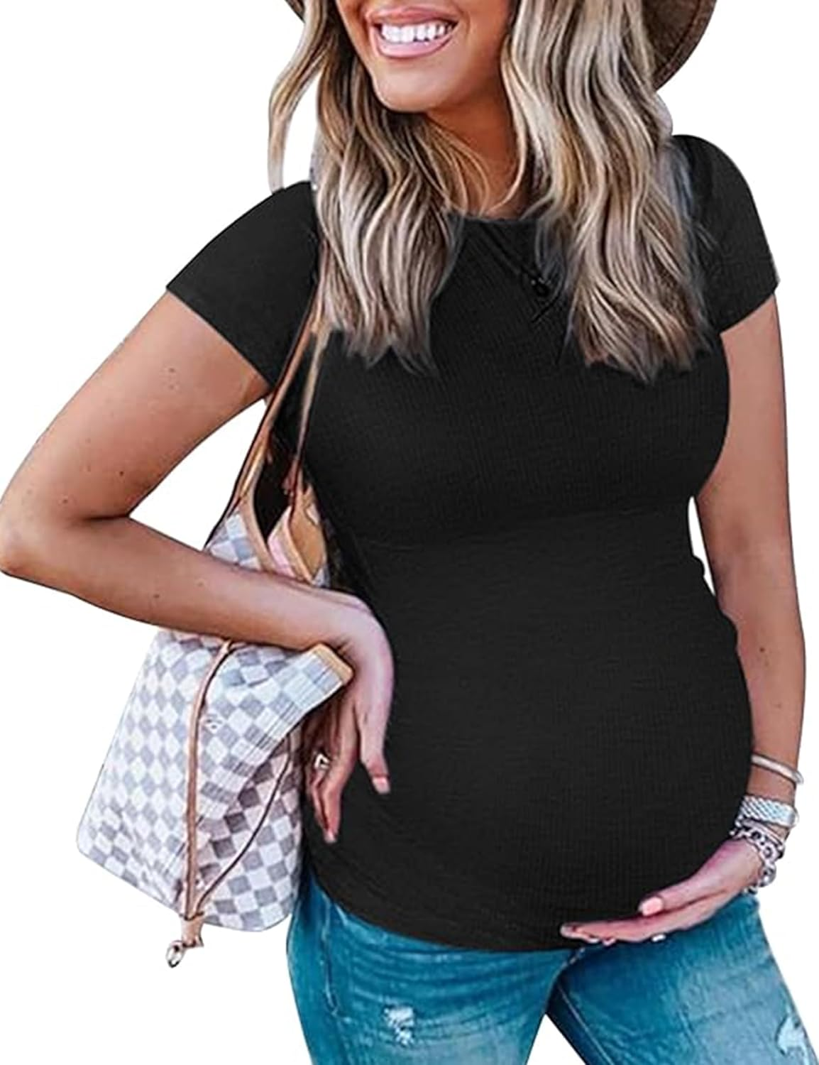 Peauty Maternity Ribbed T-Shirts with Crew Neck and Short Sleeves Shirts, before during after Pregnancy Clothes