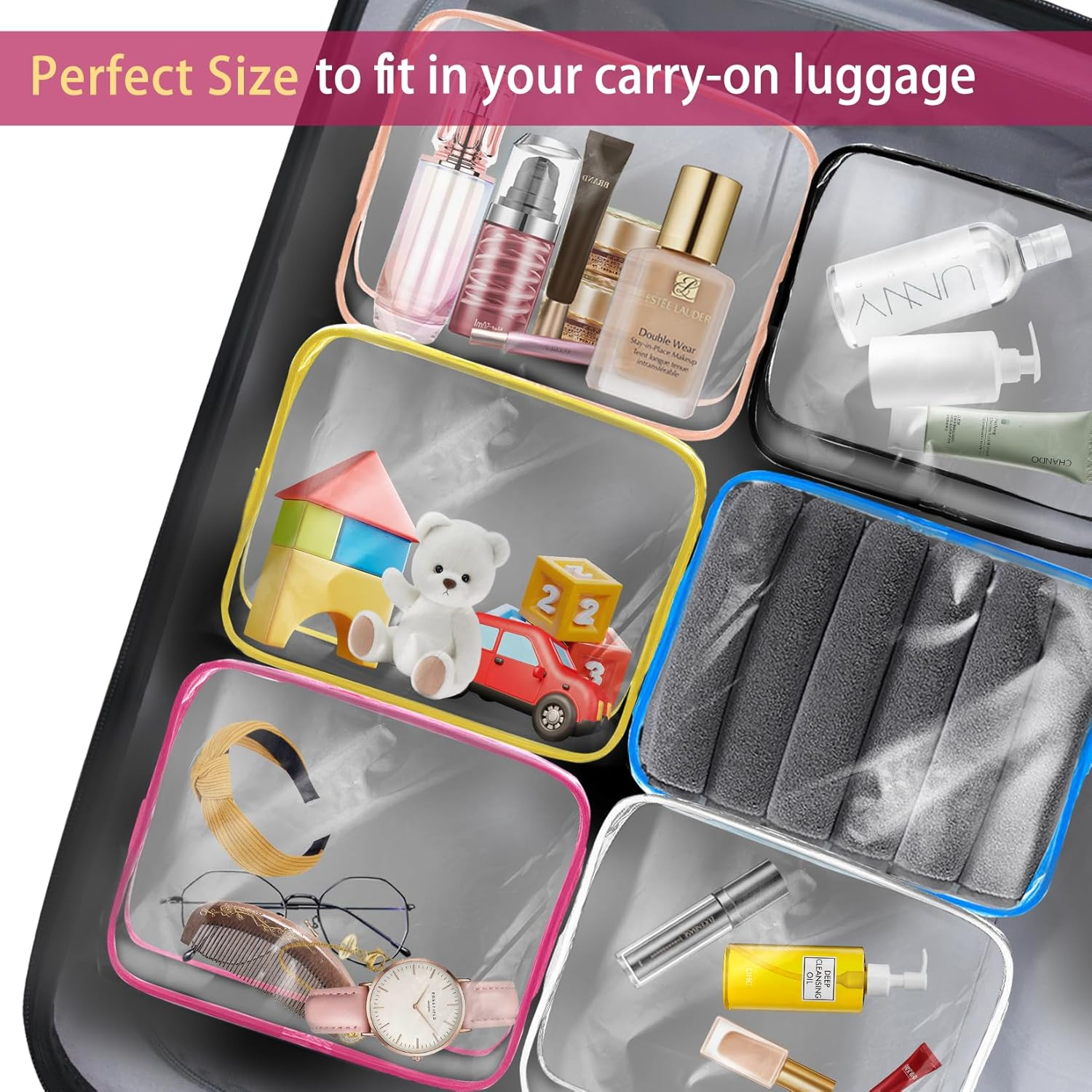 ZHOOGE 6 Pack Clear Travel Toiletry Bag Clear Makeup Bag Cosmetic Toiletry Bag - TSA Approved Clear Makeup Organizer for Travel, Quart Size Bag Carry on Airport Airline Compliant Bag, Multicolor, - Multicolor image number 2