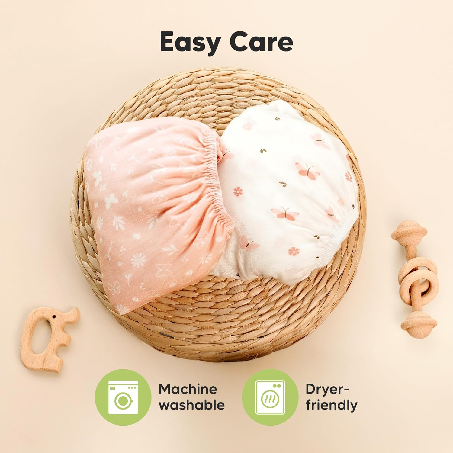 2-Pack Mini Cot Sheets Fitted - Bamboo Baby Cot Sheets Fitted for Pack N Play Mattress 97X66Cm, Soft & Cozy, Neutral Toddler Playard Bedding, Snug Mini Baby Crib Mattress Cover Boy, Girl (Butterflies) - Bunnies image number 2