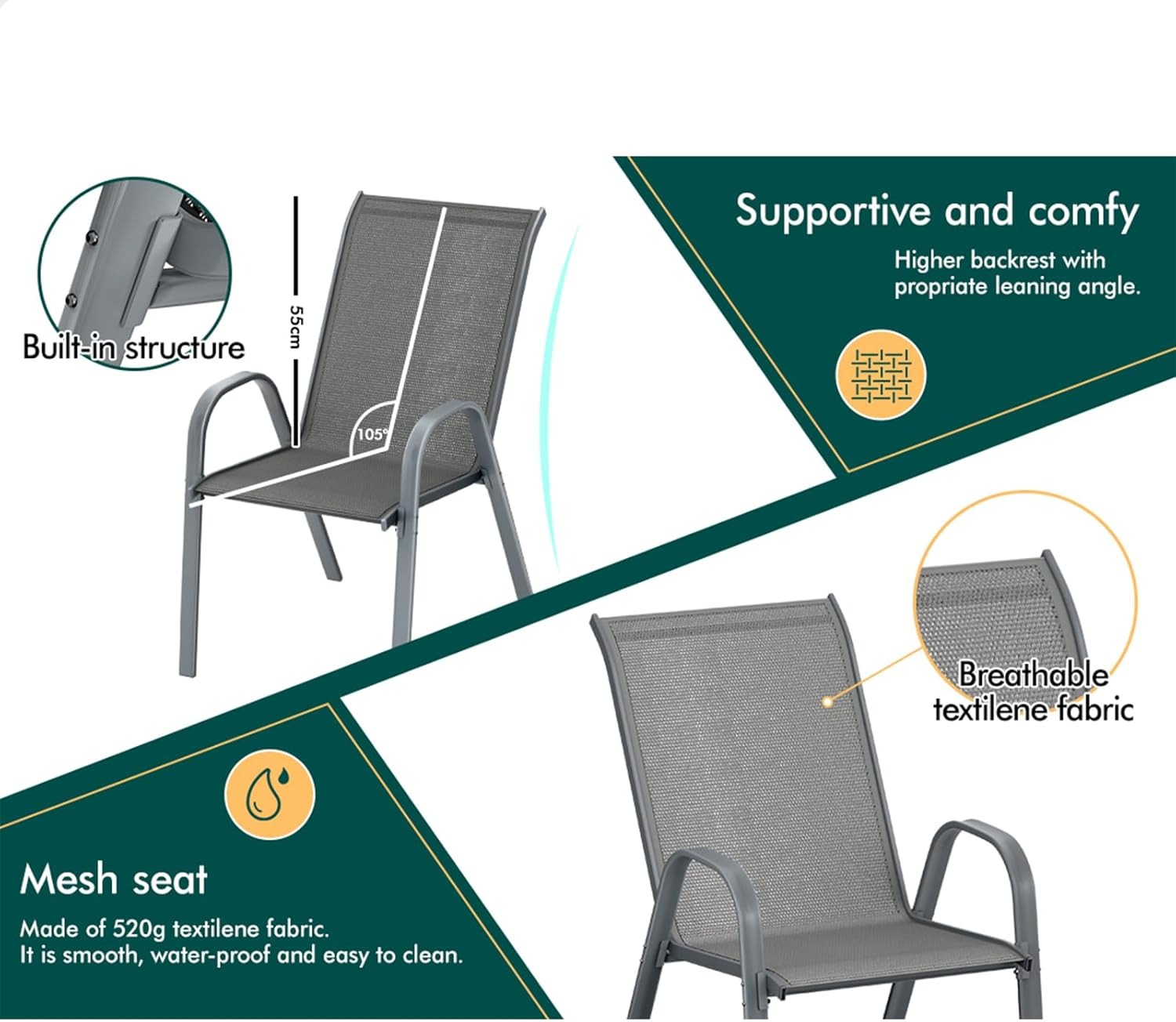 ALFORDSON Outdoor Dining Set, 5 Pcs Garden Patio Furniture with Patio Table and Chairs, All-Weather Textilene Fabric Indoor Bar Set for Patio, Garden, Lawn, Balcony and Swimming Pool Side, Grey Color image number 3