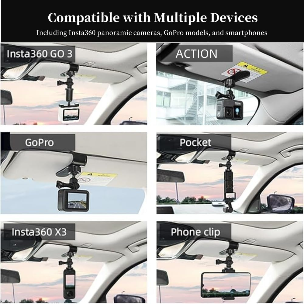 Car Sun Visor Mount for Insta360 X4 X3 X2 DJI Osmo Pocket 3 Action 4 3 Gopro 12 11 10 9 8 7,Car Mount inside Holder with Phone Clip,Vlog/Video POV Mount Smartphone Holder,Cell Phone Accessories image number 3