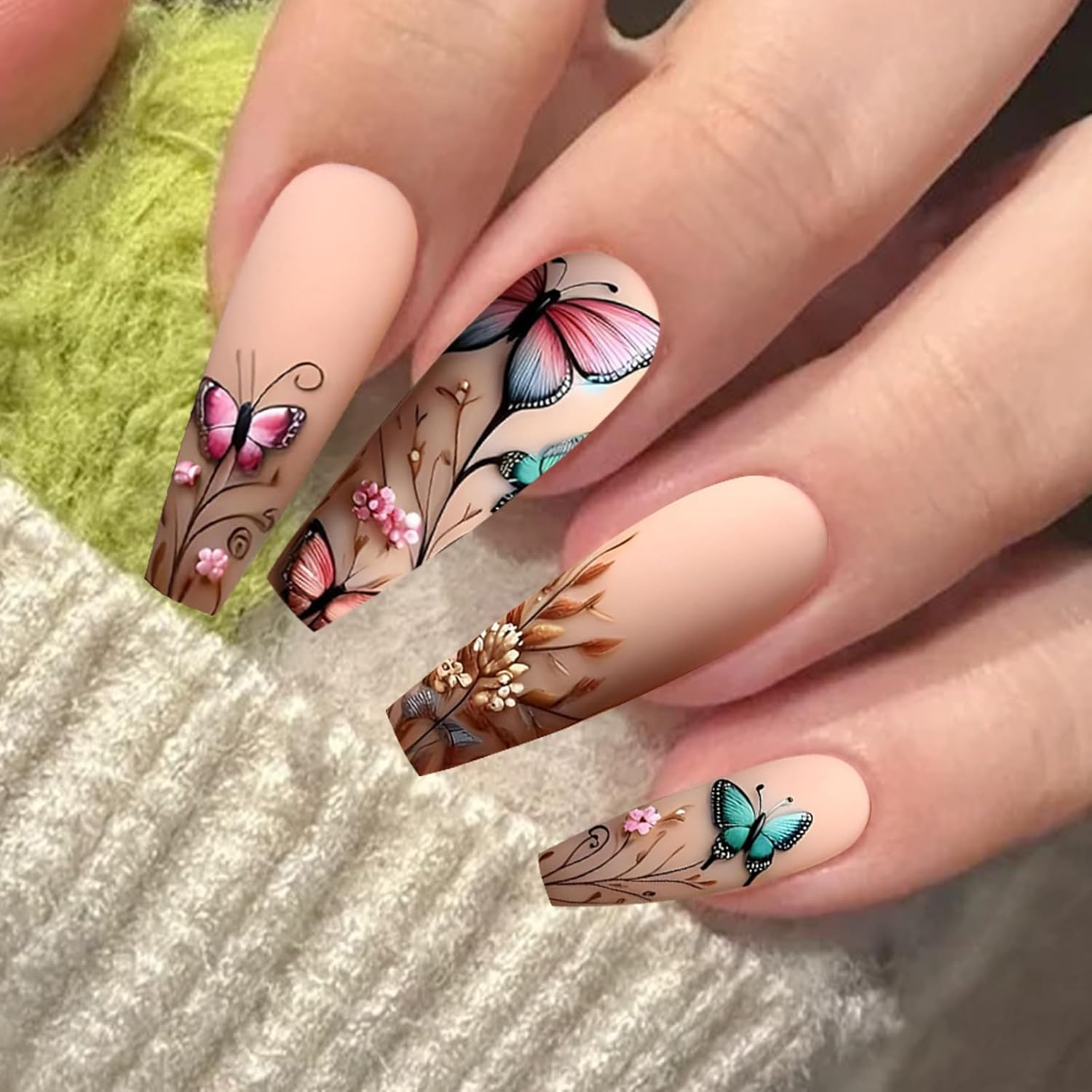 TELAIN Spring Butterfly Flower Press-On Nails Extra Long Ballerina False Nails Matte Square Acrylic Full Cover Plastic Glue Nails for Women Girls DIY Nail Design