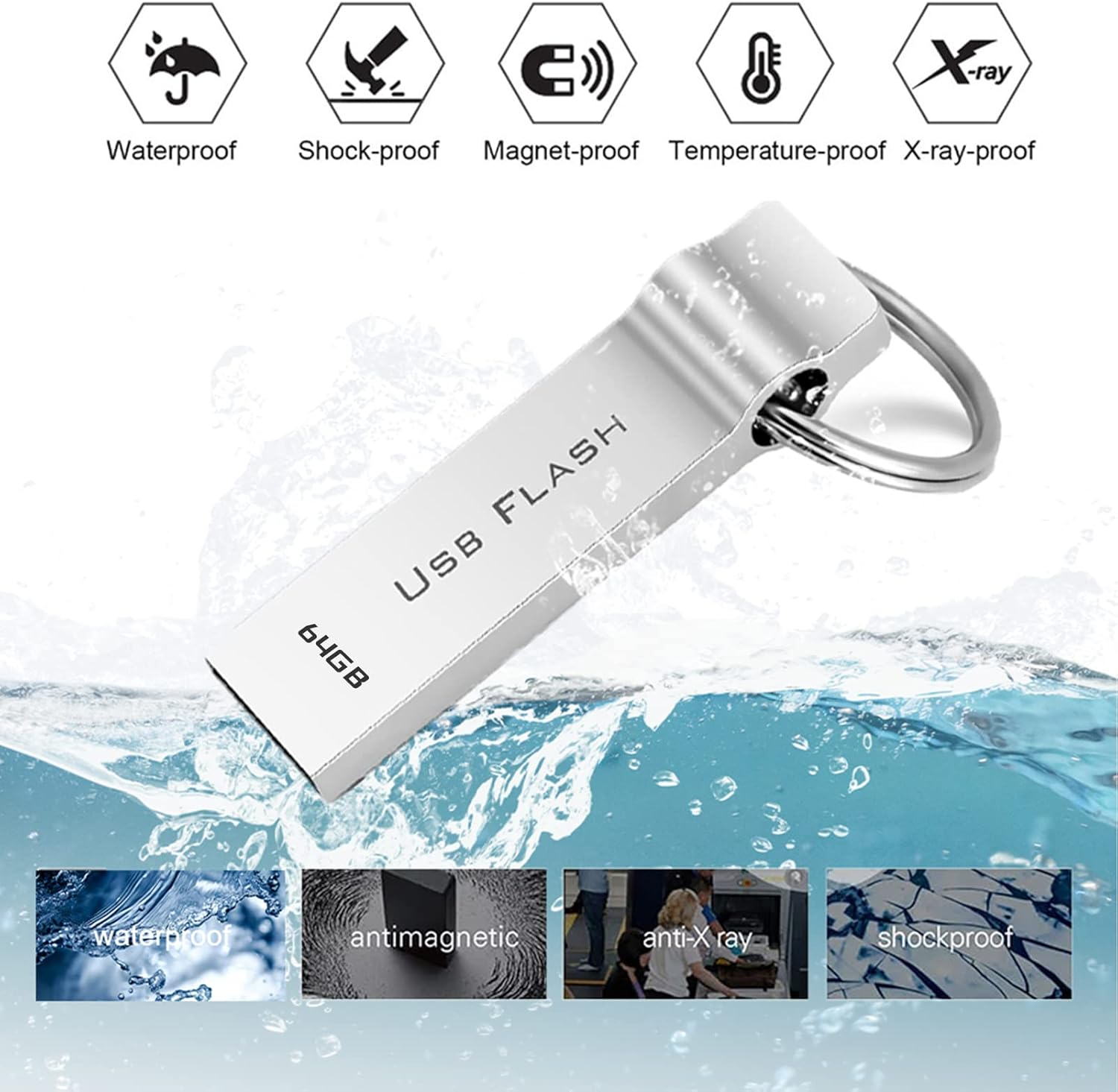 Cticoal USB Thumb Drive 64GB High Speed Pendrive 3.0 Waterproof USB Drive Metal USB Flash Drive Silver Pen Drive Typically Used for Copying or Storing Data image number 2