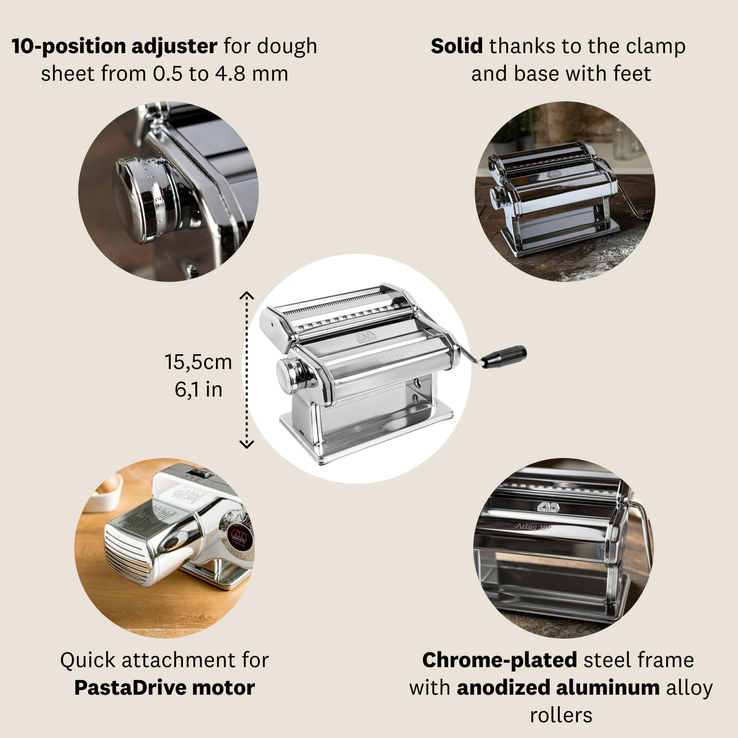 Marcato Atlas 180 Pasta, Made in Italy, Stainless Steel, 180-Millimeters Wide, Includes Machine with Cutter, Hand Crank, and Instructions image number 2