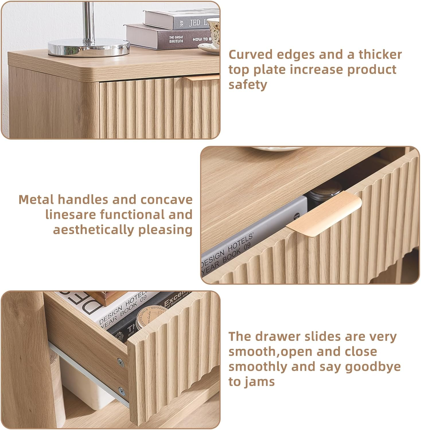 LELELINKY 58 X 39 Cm Fluted Bedside Table with 1 Drawer,Farmhouse Natural Bed Side Tables Storage Chest of Drawers with Open Shelf,Wood Nightstand Cabinet with Metal Handles for Bedroom,Living Room image number 2