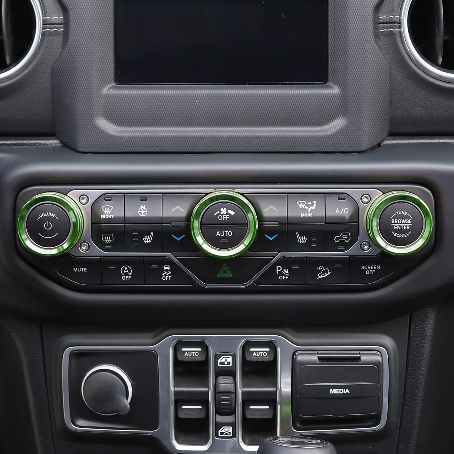 Jecar Air Conditioner Radio Switch Knob Cover & Headlight Knob Cover Aluminum Alloy AC Button Trims Compatible with Jeep Wrangler 2018-2023 JL JLU & 2020-2023 Gladiator Specific Dial Panel, Green - Orange image number 7