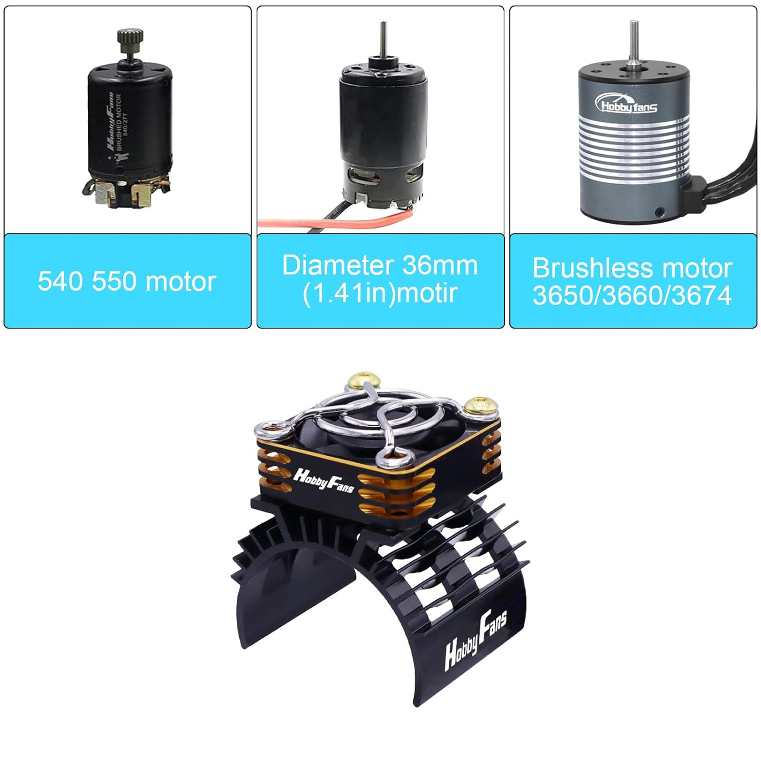 Hobby Fans RC Cooling Fan 28000RPM Alluminum RC Car Motor Fan with Heatsink for RC Car 1/8 1/10 540 550 F540 3650 3660 Motor, Gold image number 6